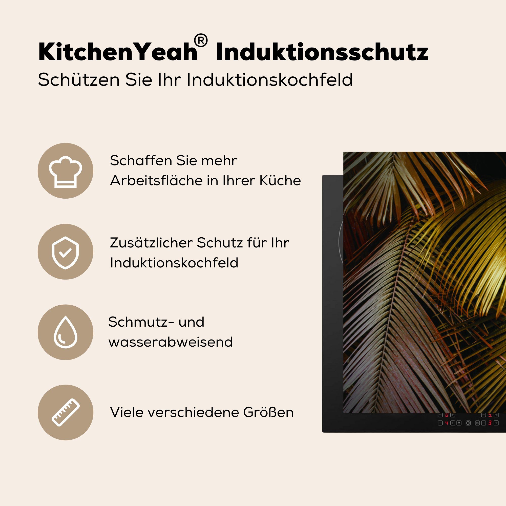 MuchoWow Blätter tlg), - - 81x52 die für küche, Herdblende-/Abdeckplatte Dschungel Ceranfeldabdeckung Vinyl, Induktionskochfeld (1 Gold, cm, Schutz
