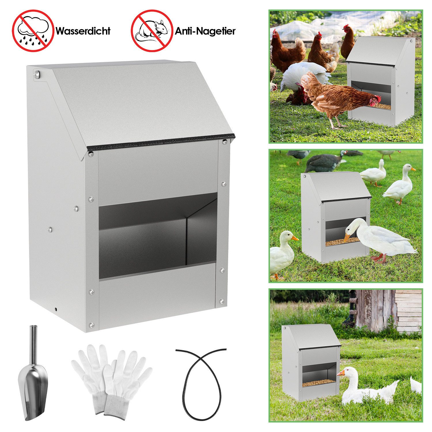 Clanmacy Futterautomat 5kg Hühner Automatischer Geflügel Futter Spender mit Löffel&Handschuhe
