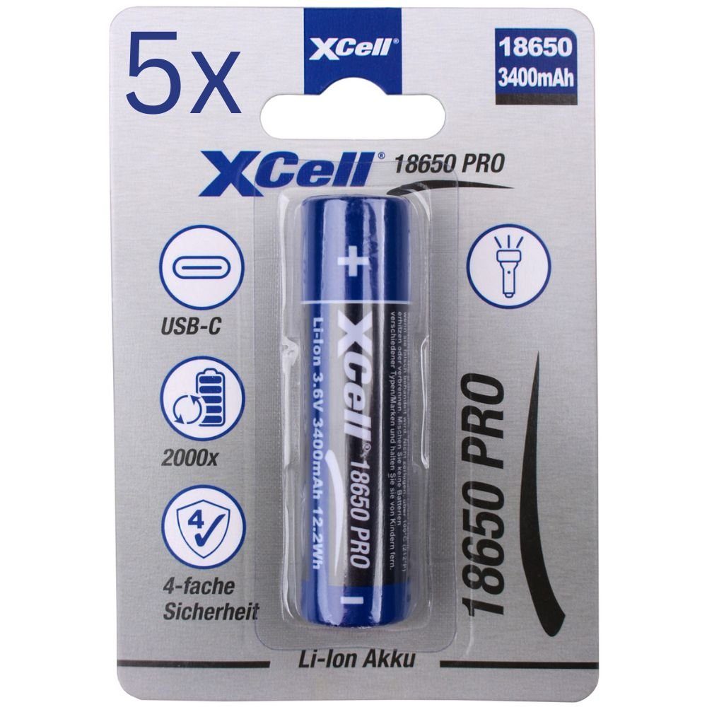 XCell 5x XCell 18650 Pro Li-Ion Akku 3,6V 3400mAh mit USB-C Akku