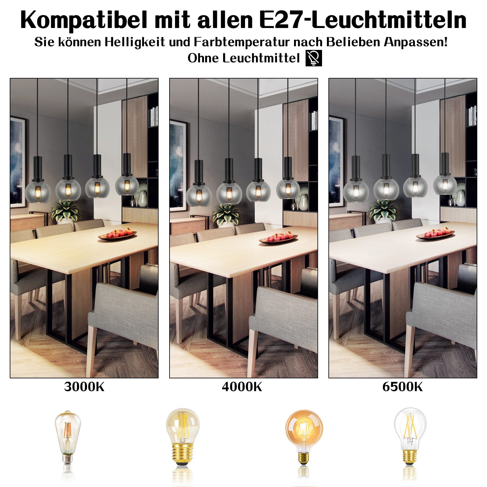 Nettlife Pendelleuchte Vintage Esstisch Glas Schwarz Industrial E27 Wohnzimmer, Höhenverstellbar, LED wechselbar, Esstischlampe für Wohnzimmer Küche – Bild 2 von 5