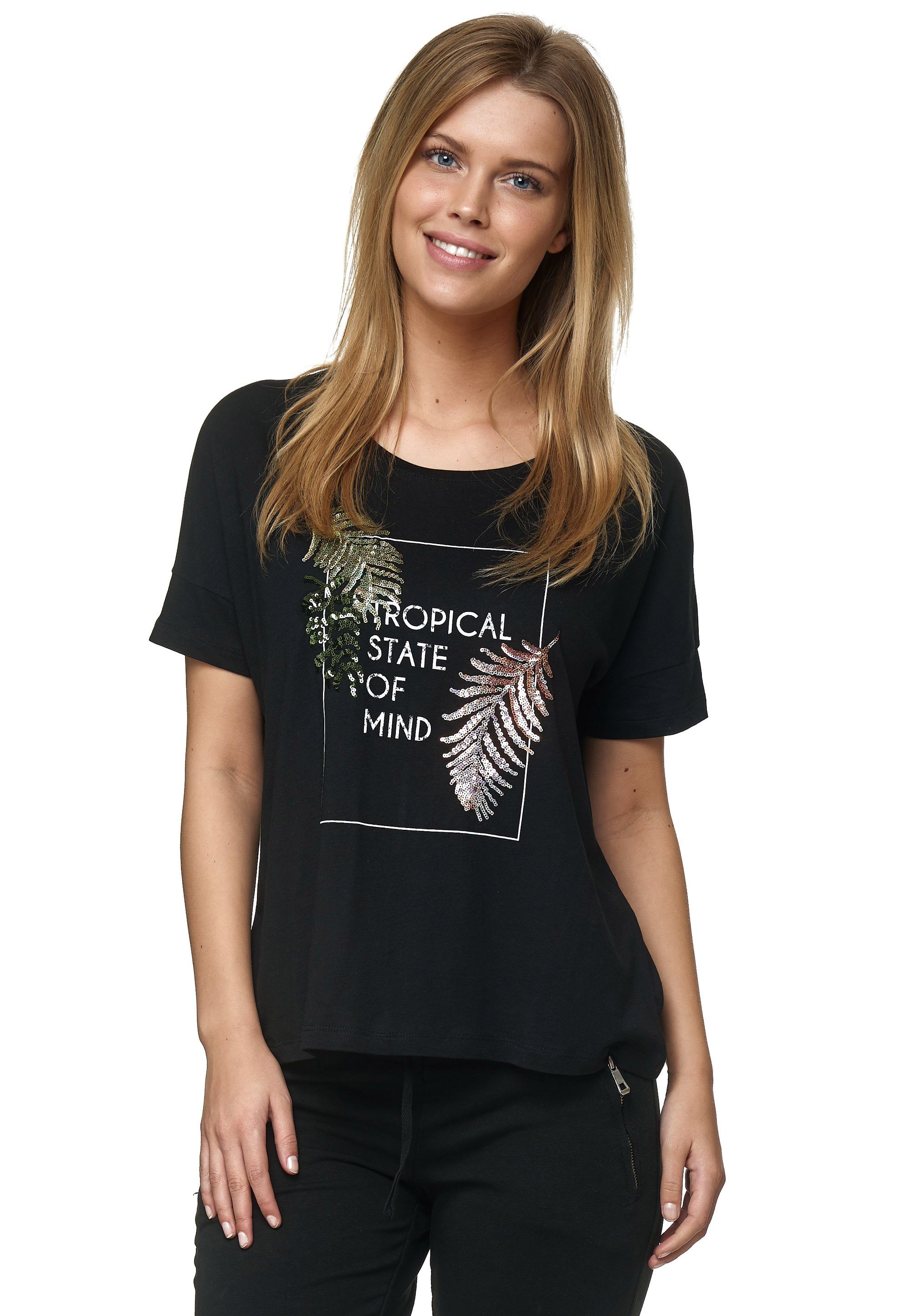 Decay T-Shirt mit modischen mit Schicker Front-Print Pailettendetails als Hingucker Pailletten
