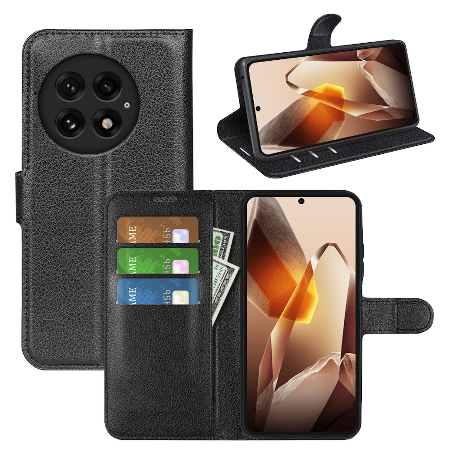 Wigento Smartphone-Hülle Für OnePlus 13R Kunstleder Book Wallet Schutz Tasche Hülle Schwarz, Kunstleder Book Wallet Hülle mit Magnetverschluss