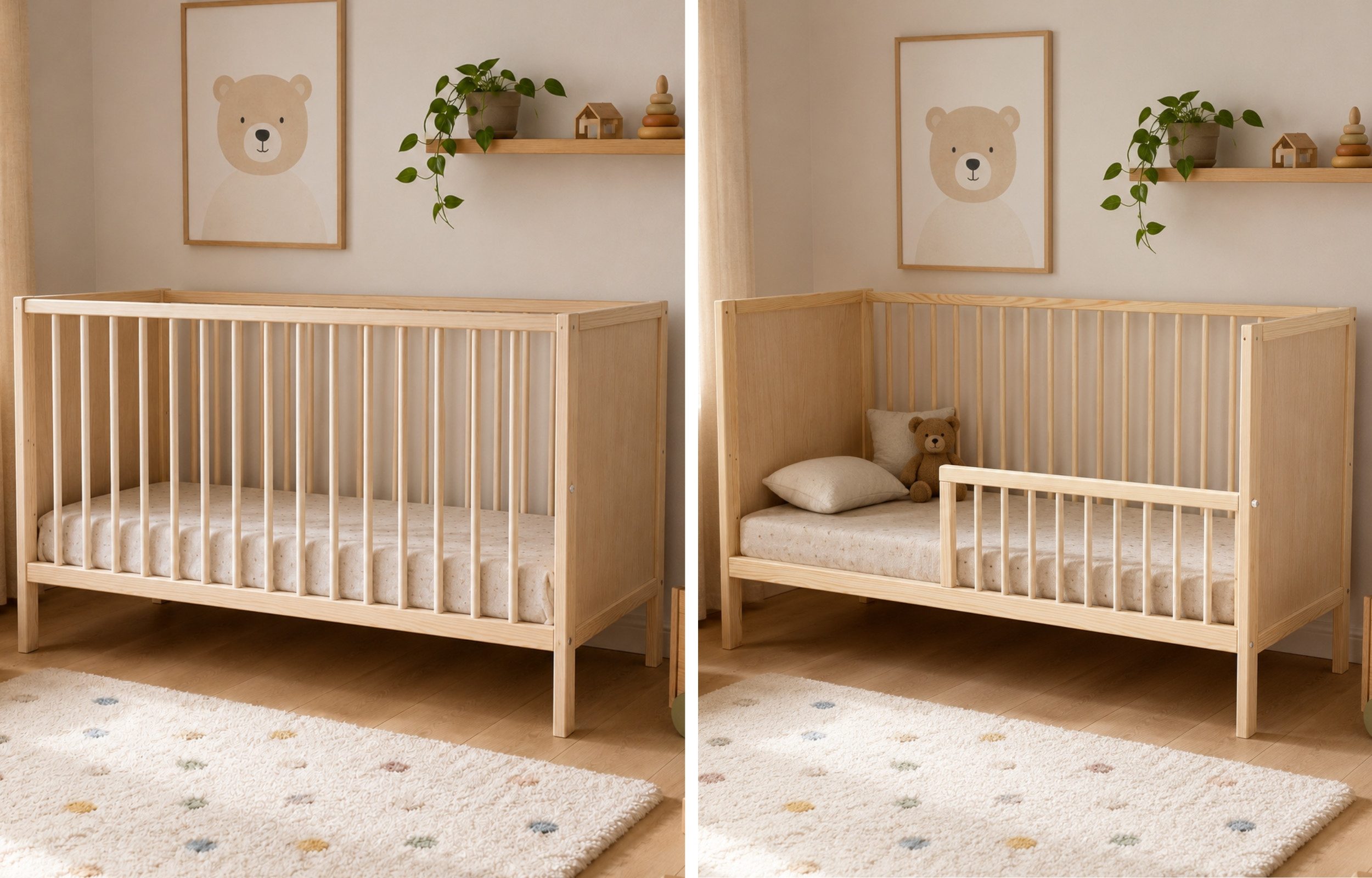 Kids Collective Babybett Kinderbett Gitterbett 60x120/70x140 cm modular & höhenverstellbar Holz, verschiedene Varianten wählbar, massives Holz, ab Geburt Natur