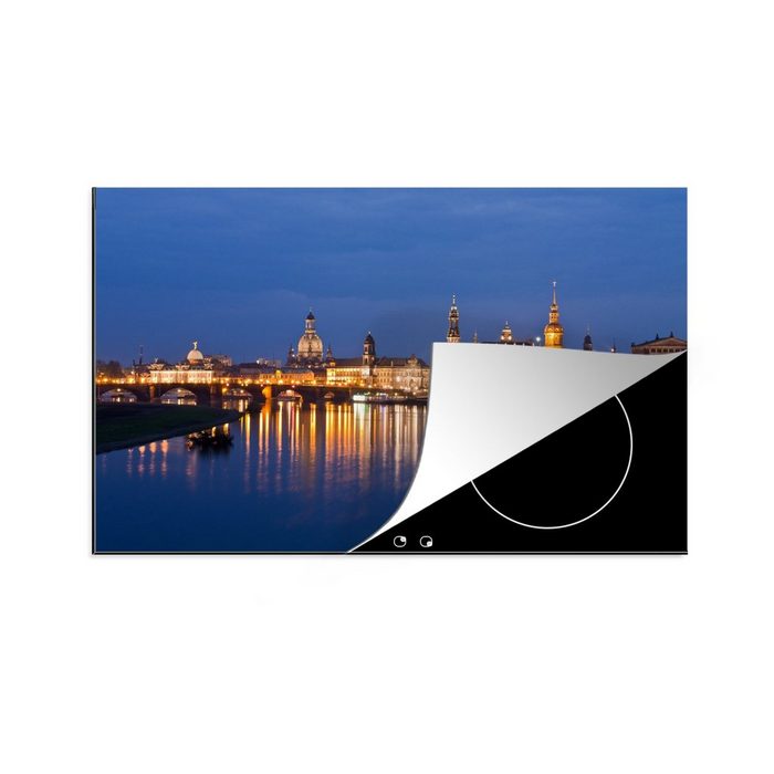MuchoWow Herdblende-/Abdeckplatte Frauenkirche in der Skyline von Dresden in Deutschland am Abend Vinyl (1 tlg) induktionskochfeld Schutz für die küche Ceranfeldabdeckung