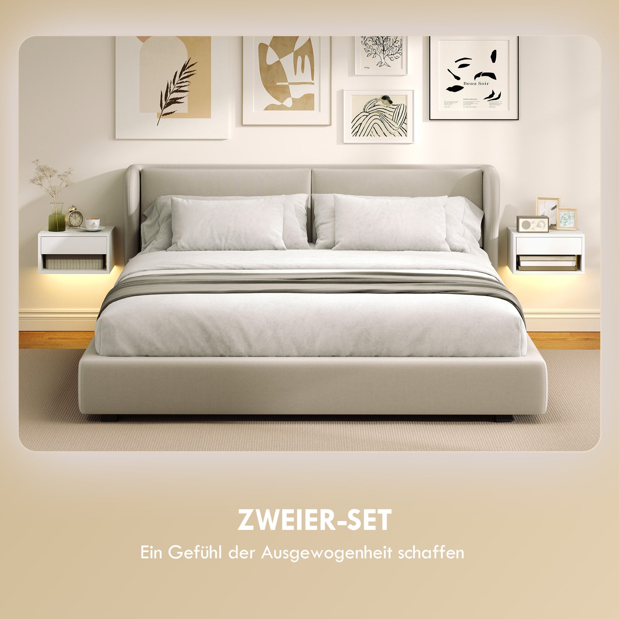 HOMCOM Nachttisch Nachtschrank mit RGB-LED-Beleuchtung, Schublade und offenem Fach (Modernes Schwebendes Wandregal, 2-St., mit App-Steuerung), für Schlafzimmer, – Bild 4 von 5