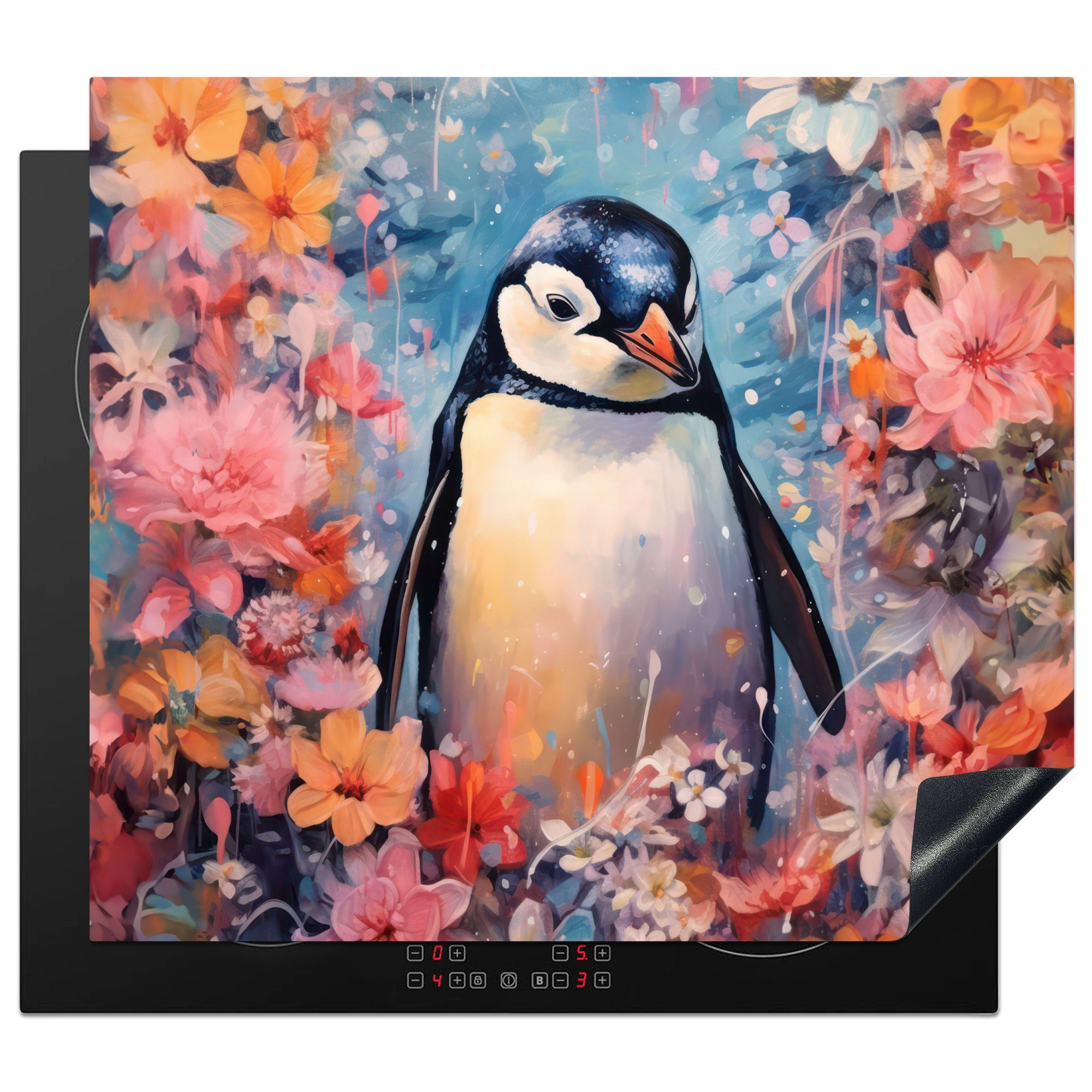 MuchoWow Herdblende-/Abdeckplatte Pinguin - Blumen - Polartiere - Rosa, Vinyl, (1 tlg), 60x52 cm, Mobile Arbeitsfläche nutzbar, Ceranfeldabdeckung