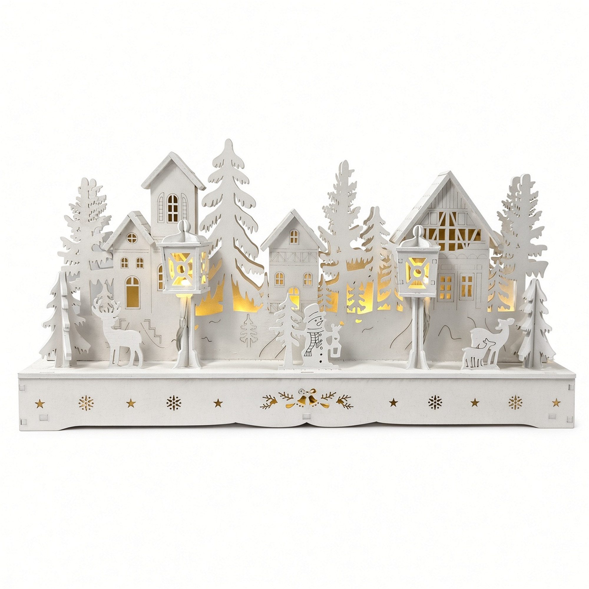 INtrenDU Weihnachtsdorf aus Holz in Weiß, 30 cm breit, für die Fensterbank, warmweiße LED-Beleuchtung, batteriebetrieben