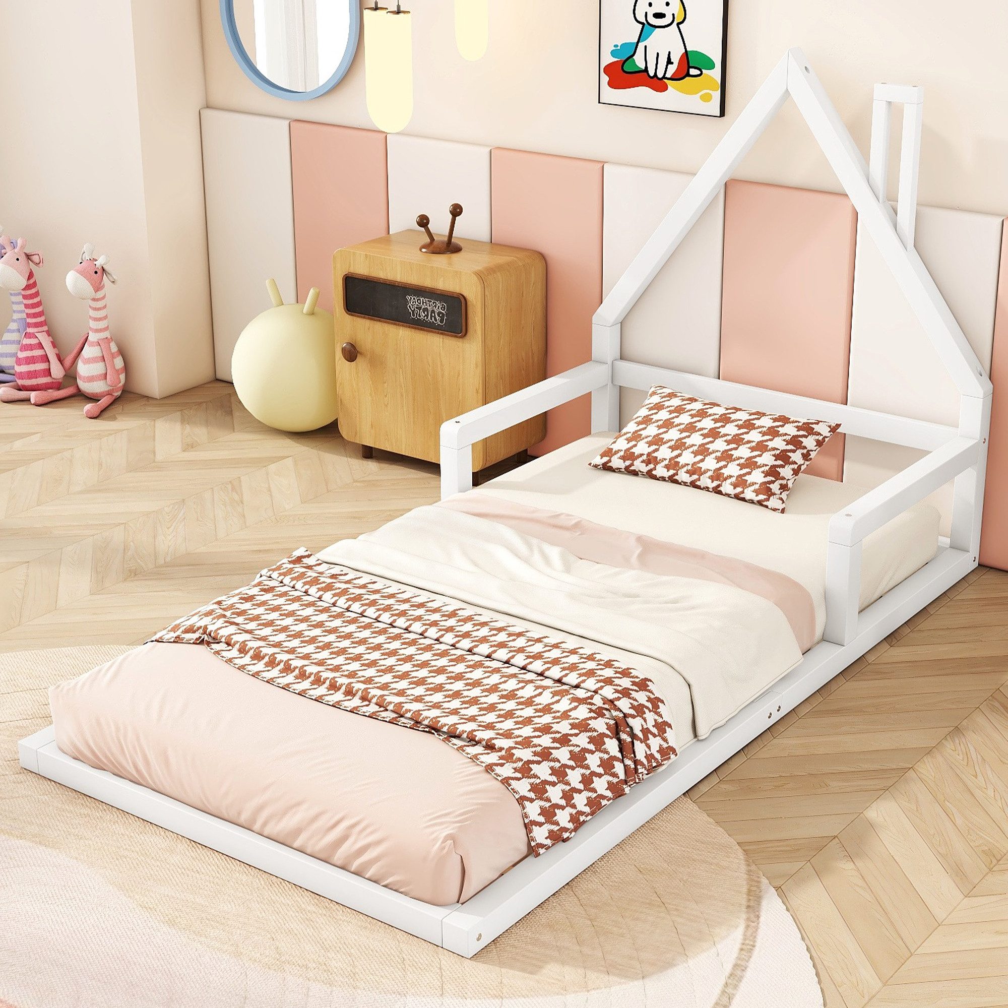 STILVORA Kinderbett 90×200 in Hausform,Bettgestell mit Lattenrost,Flachbett ohne matratze (Hausform, Kiefer massiv, einfache Form, 90x200 cm), ohne Matratze