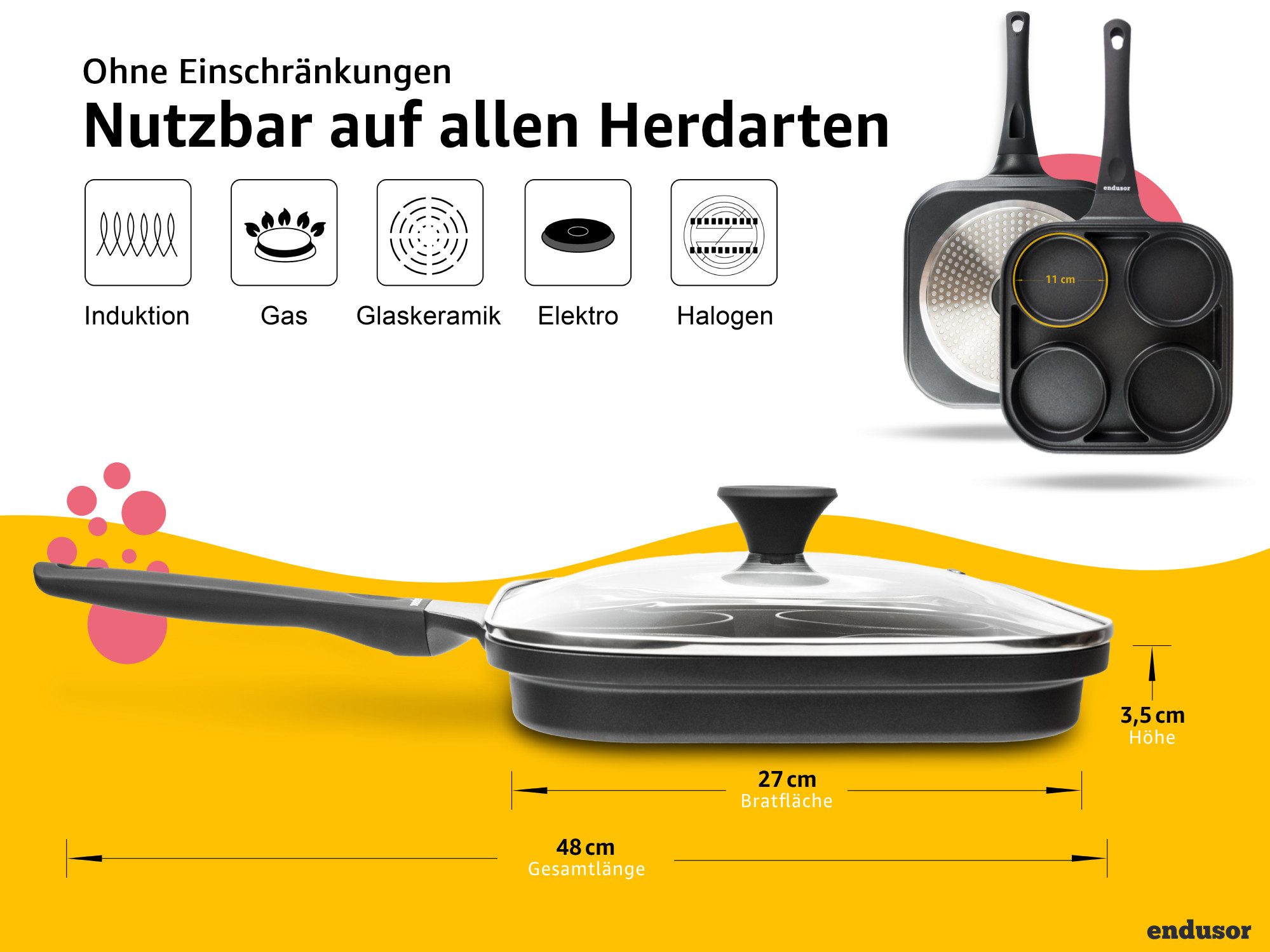 endusor Bratpfanne Spiegeleipfanne Pancake Pfanne (27cm), Aluminiumguss (inkl. Glasdeckel, Alle Herdarten auch Induktion), Antihaft-Beschichtung & Eisenkernboden für Spiegelei, Pancakes & Mehr