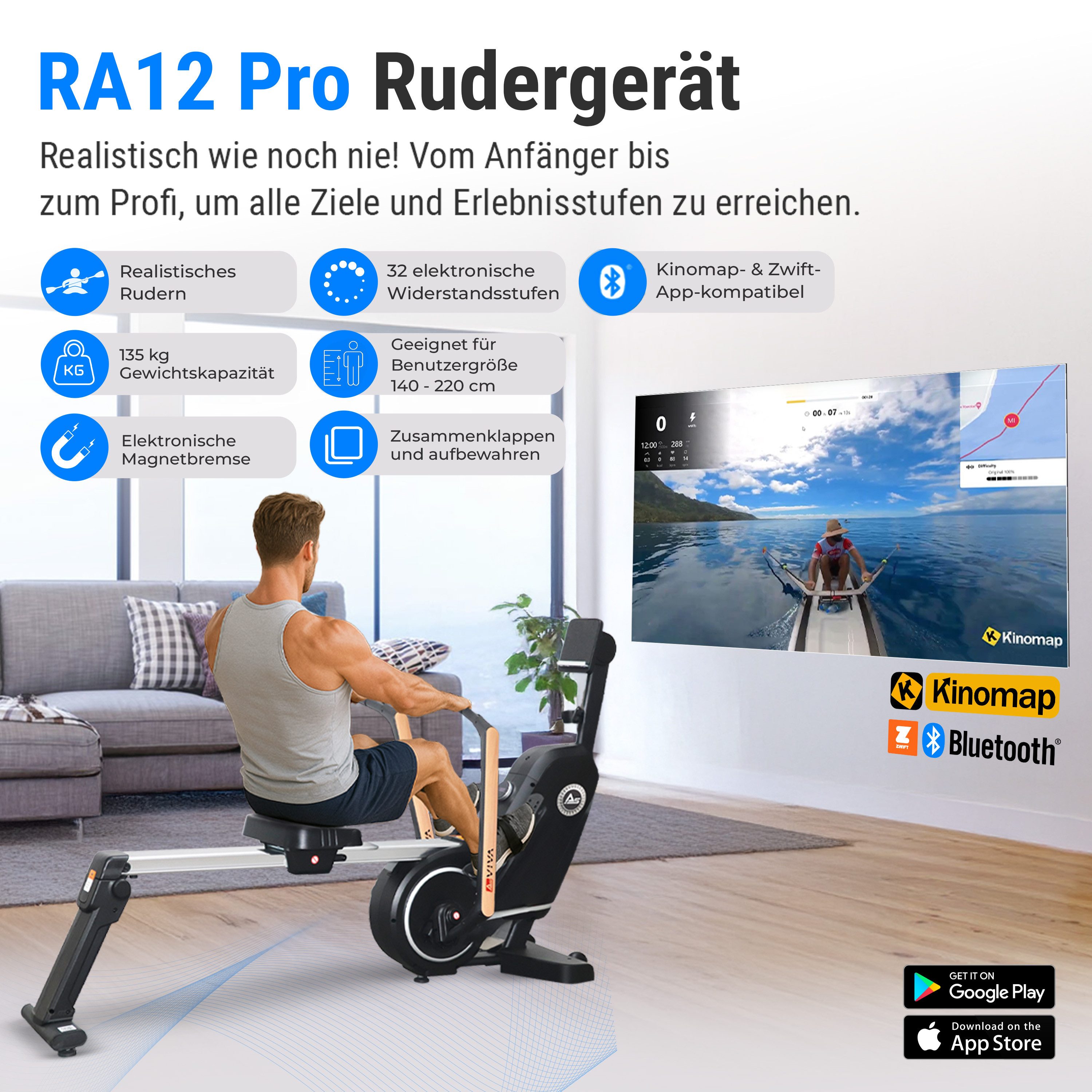 AsVIVA Rudergerät RA12, 3D-Rudergelenke, 32 Widerstandsstufen, Klappbar & Bluetooth