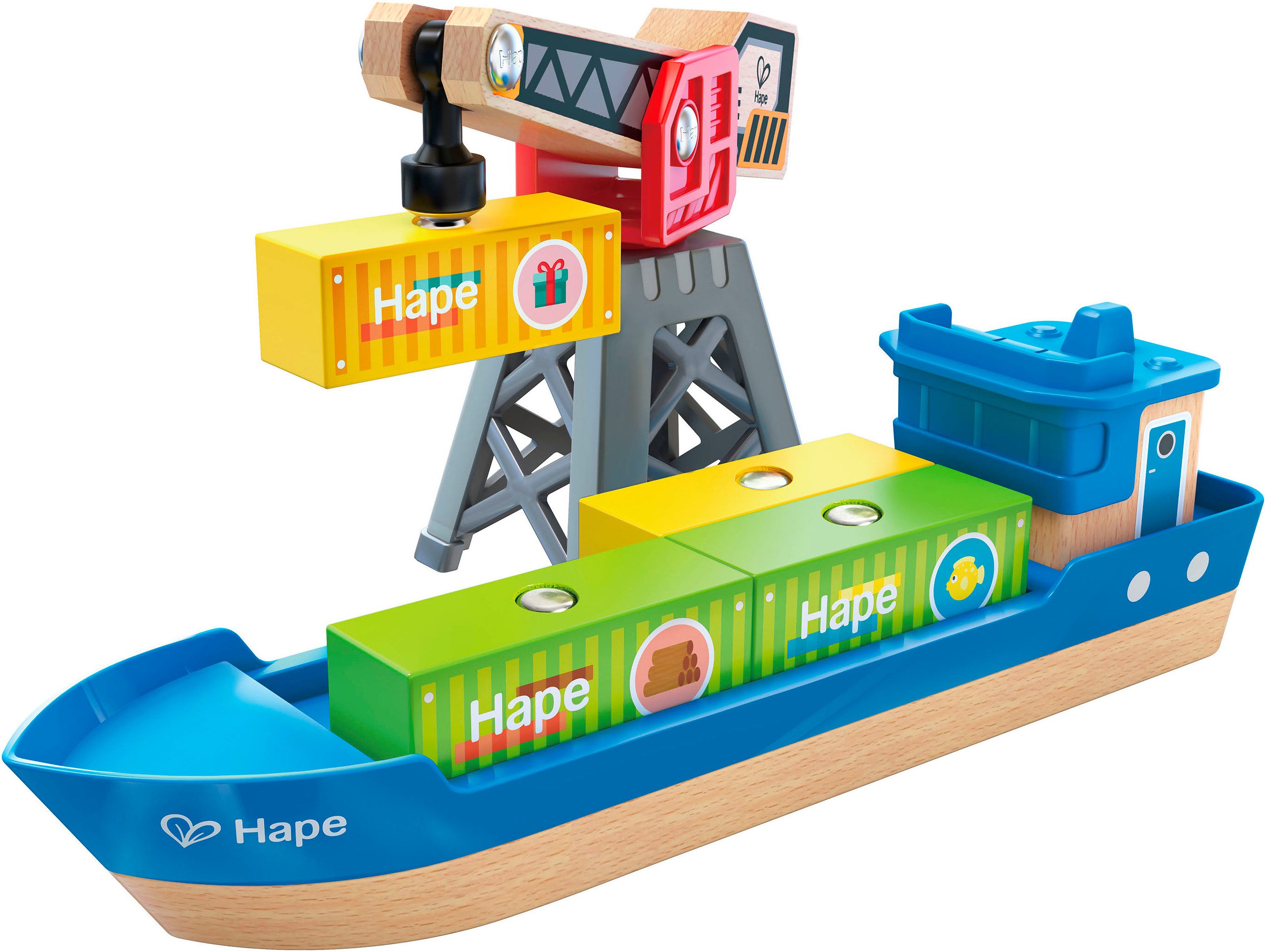 Hape Spielzeug-Schiff Frachtschiff und Hafenkran günstig online kaufen