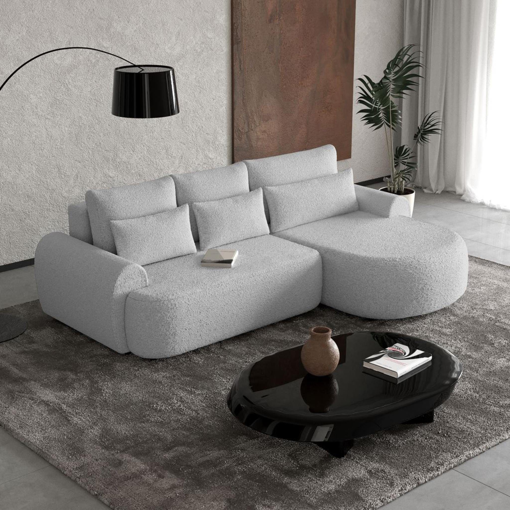 Beautysofa Ecksofa Olivio, mit Wellenunterfederung, Ecke gepolstert beige, mit Relaxfunktion, mit Bettkasten, aus Boucle-Stoff Hellgrau (Catch me 22)