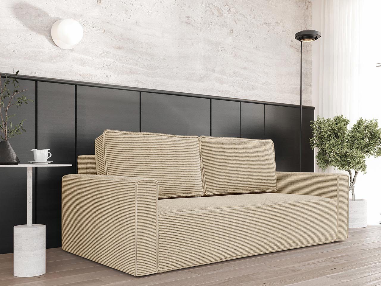 Schlafsofa Spark Beige - 236cm Cord Sofa Mit Bettfunktion & Staukasten