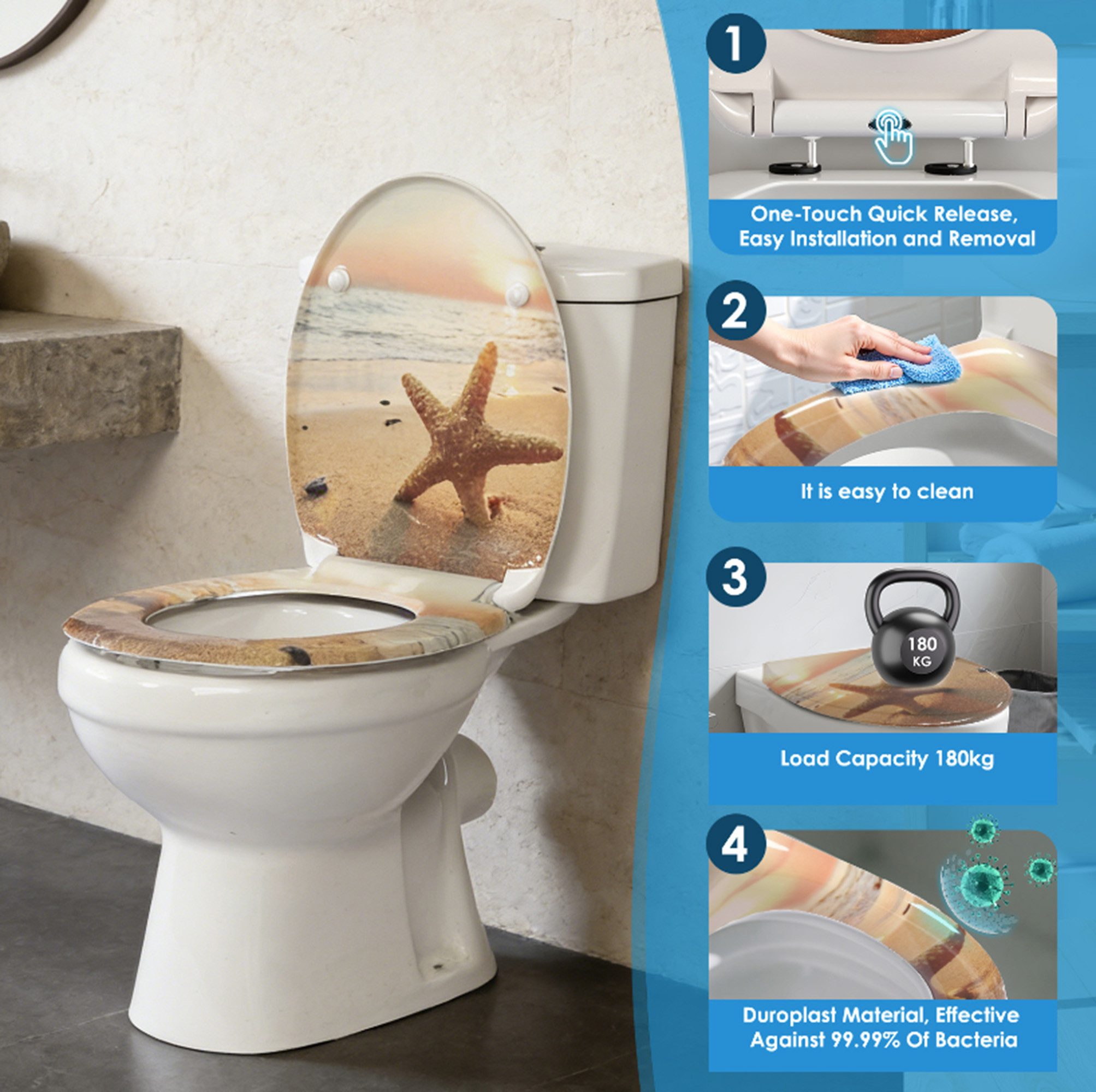 ibettertec WC-Sitz Einfache Montage WC Deckel, Toilettendeckel mit Absenkautomatik (Spar-Set, 1-St., Einzel-WC-Sitz mit Absenkautomatik und Quick Release Schnellverschluss), Absenkautomatik, Quick Release Schnellverschluss, oval universell