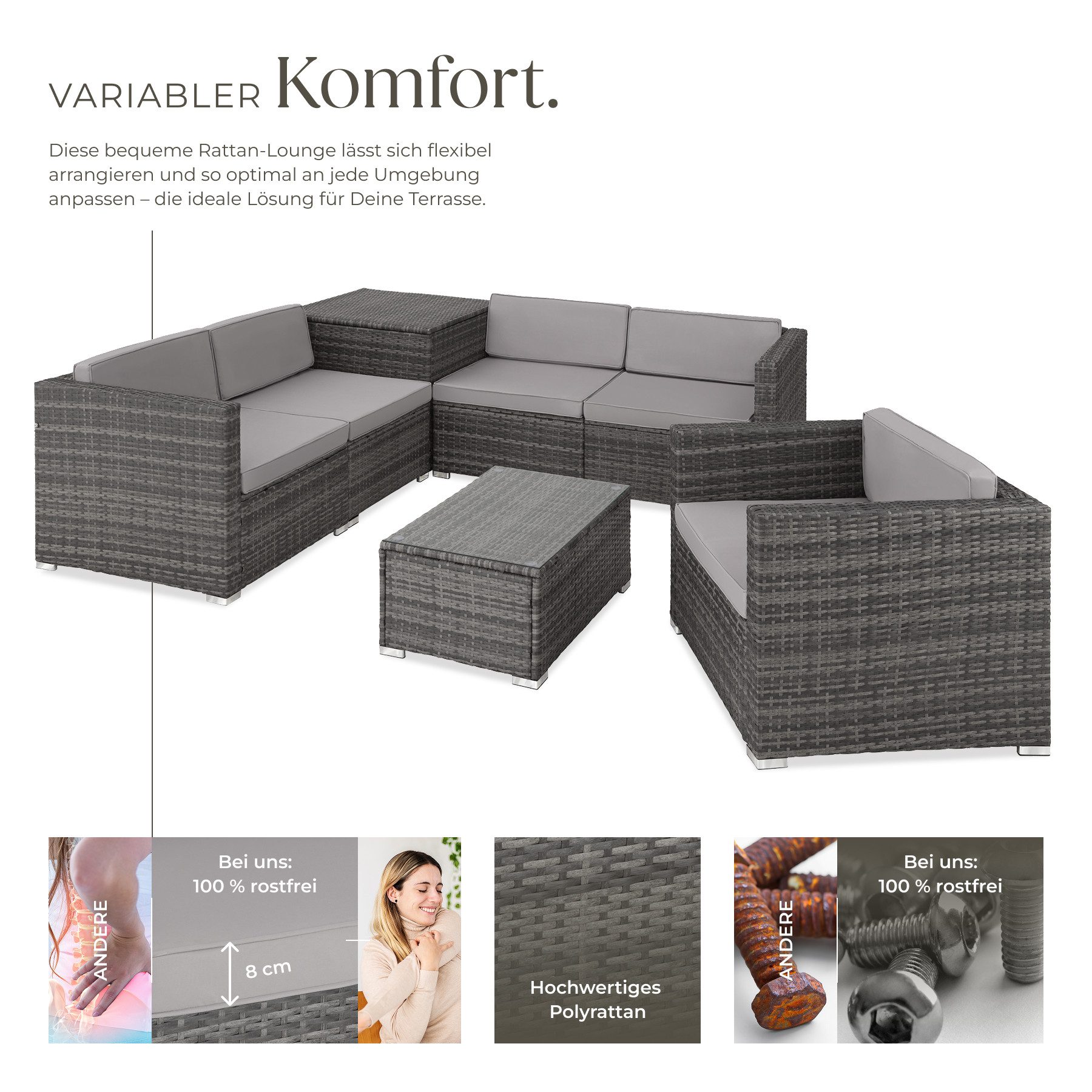 tectake Loungeset Rattan Sitzgruppe mit Sicherheitsglasplatte, für 5 Personen, (Gartenlounge-set Pisa, 7-tlg., geeignet für Outdoor in Grau), widerstandsfähig und UV-beständig, Dicke der Polster 8 cm