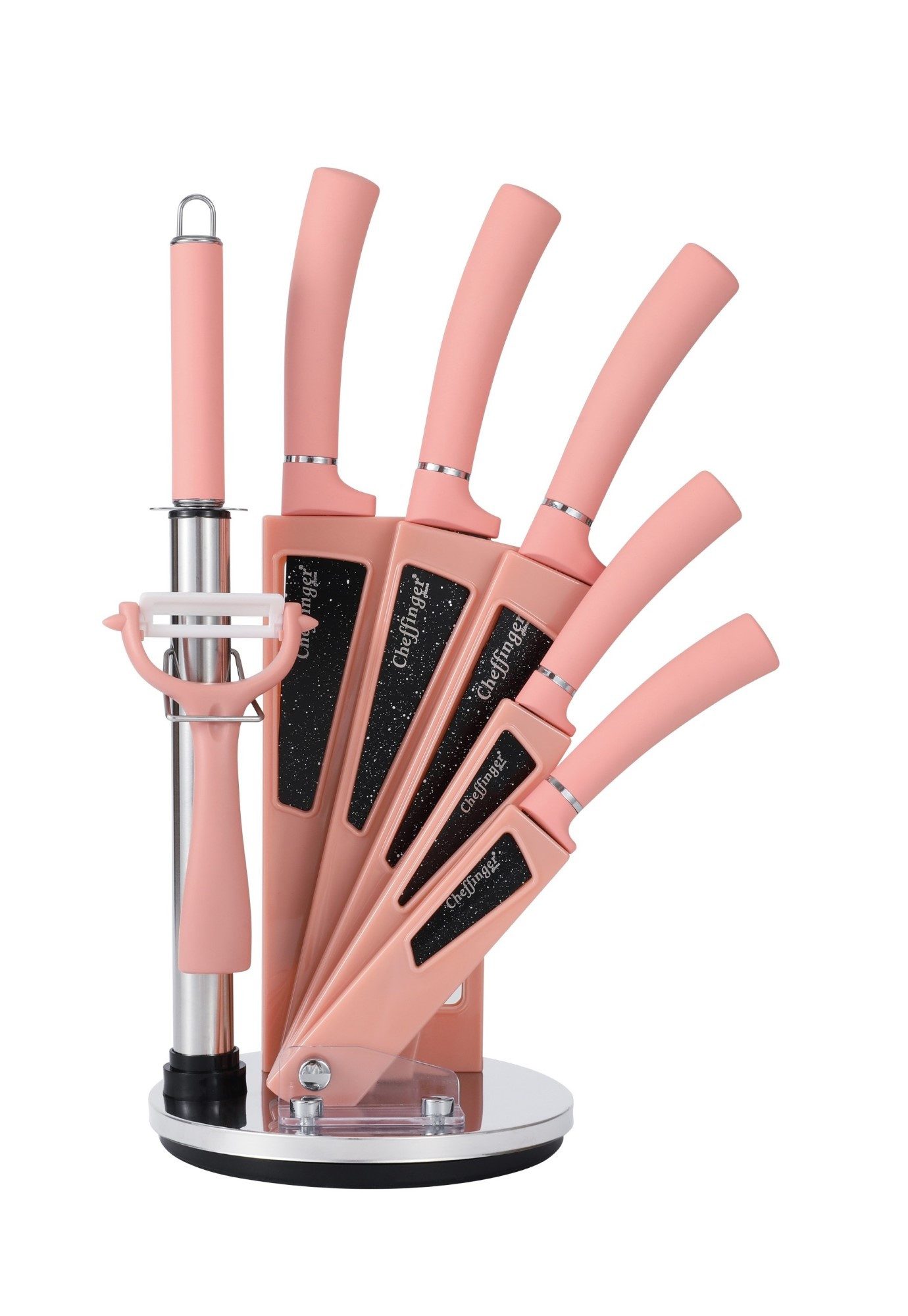 Cheffinger Messer-Set 8 tlg Messerständer drehbar Pink Messer aus Edelstahl