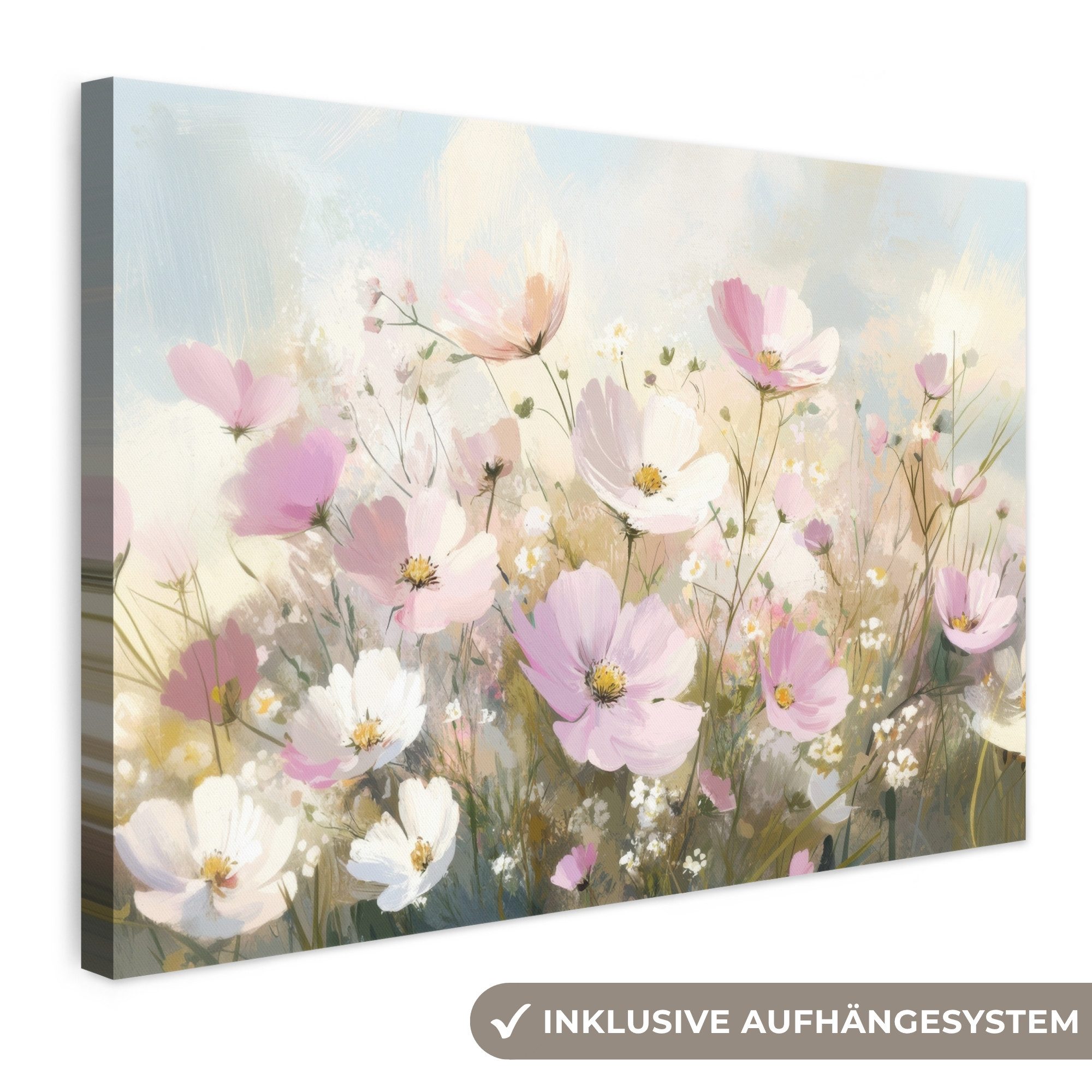 OneMillionCanvasses® Leinwandbild Blumenfeld - Helle Farbtöne - Gemalt, Fotodruck (1 St), Leinwand Bilder Klein, Wand Dekoration Aesthetic 30x20 cm