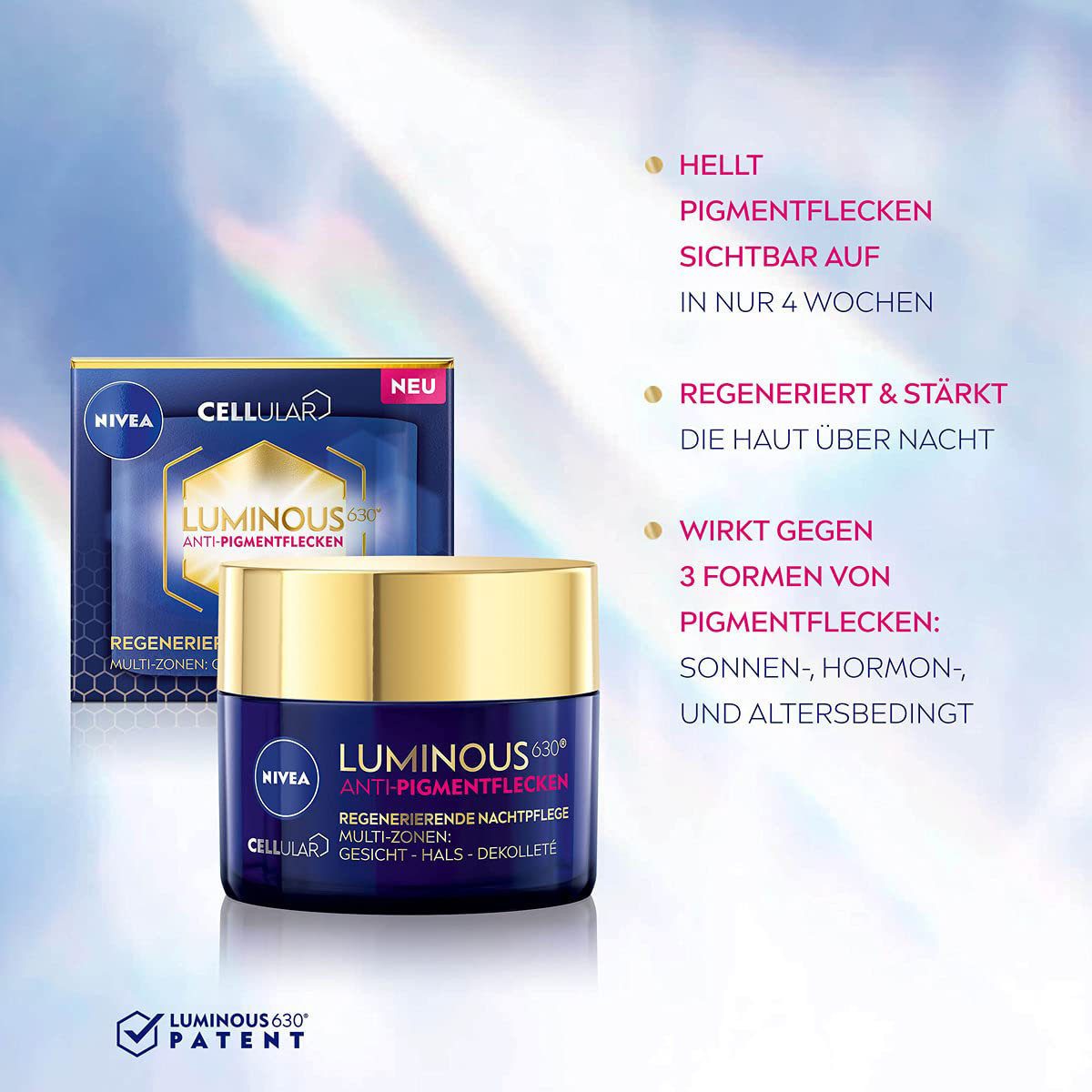 Nivea Nachtcreme LUMINOUS630 ANTI-PIGMENTFLECKEN, Beugt Neuentstehung vor, spendet Feuchtigkeit, mit Hyaluronsäure.