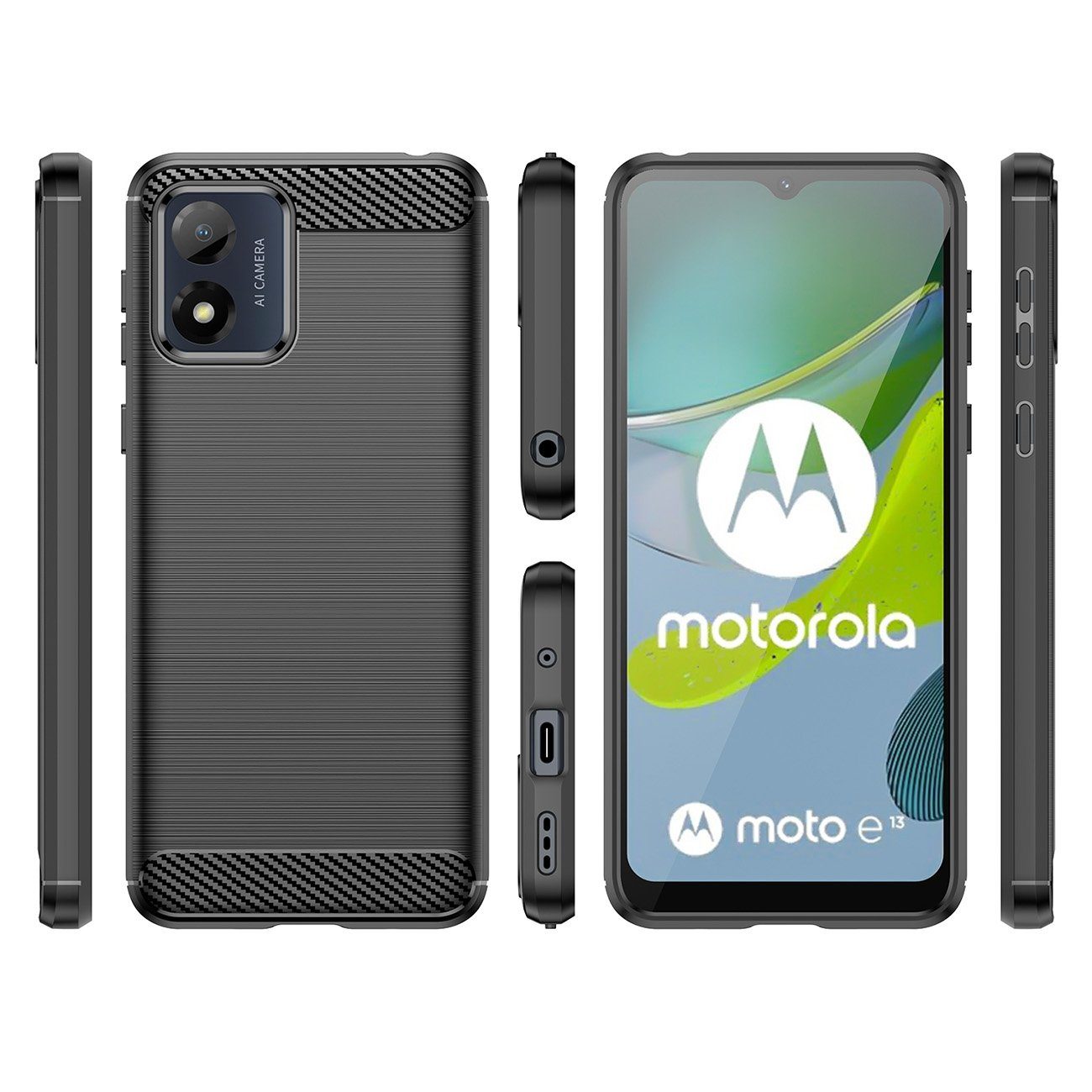 cofi1453 Bumper Carbon Case für Motorola Moto E13 flexible Silikon-Carbon-Hülle