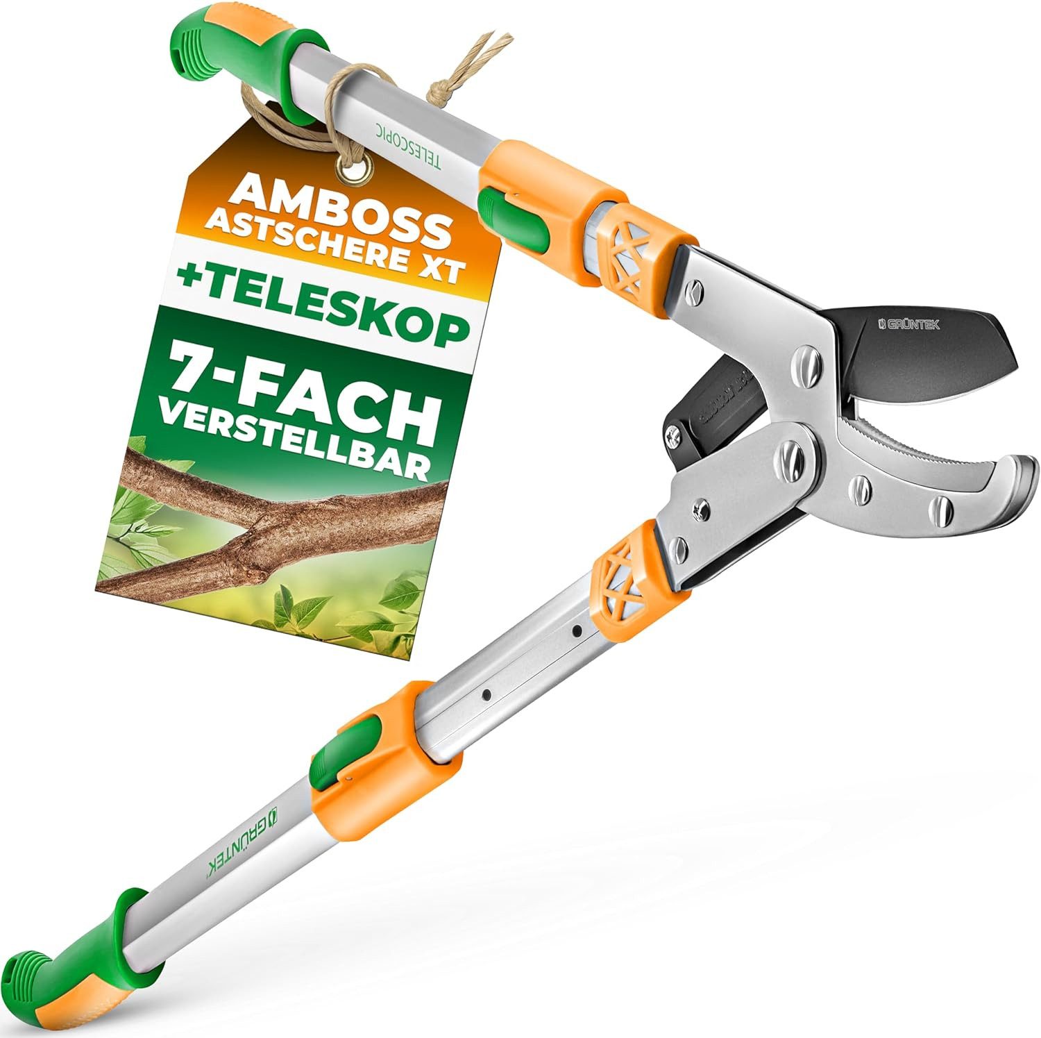GRÜNTEK Astschere Teleskop-Astschere XT 685 -1015 mm, Amboss Smart-Cut Baumschere, gehärtete Klinge 78 mm, 7-fach verstellbare Griffe.