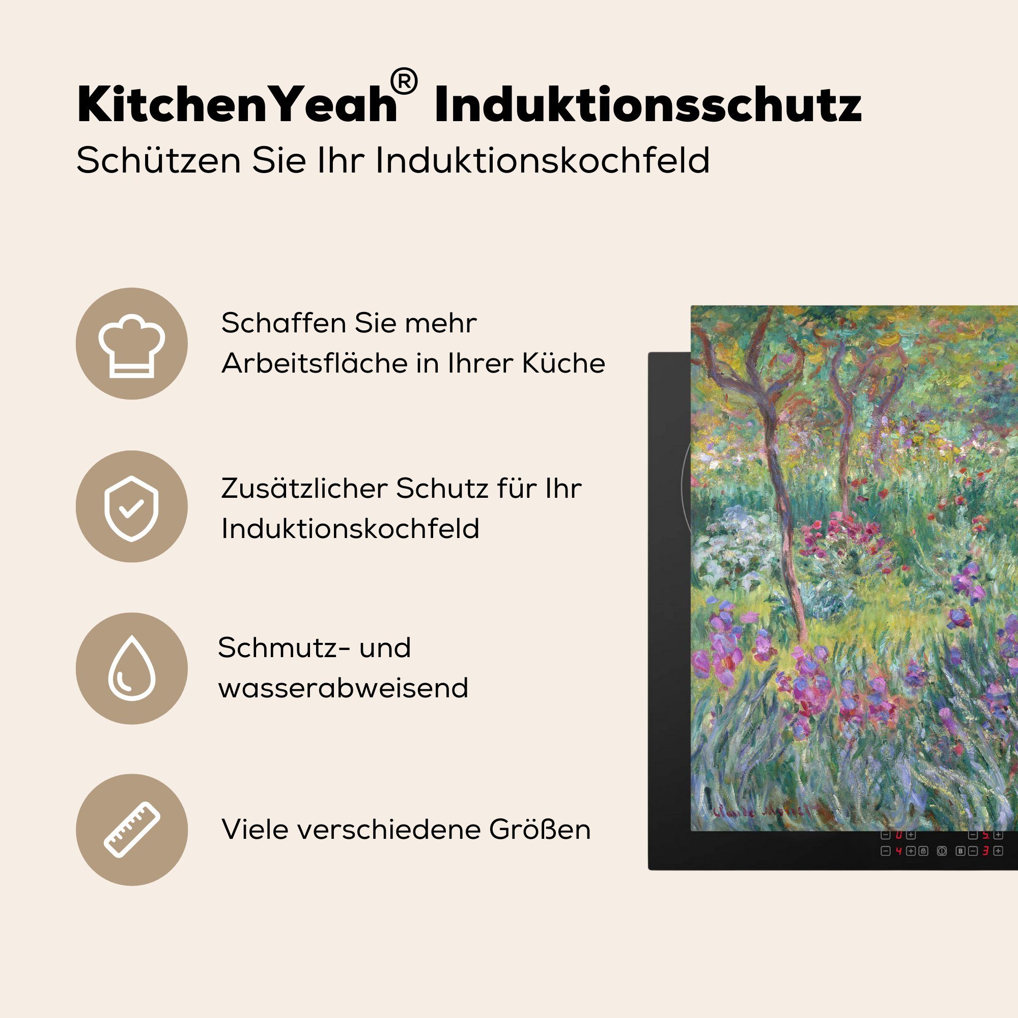 MuchoWow Herdblende-/Abdeckplatte Der in Garten Giverny Ceranfeldabdeckung, küche Claude (1 cm, für Arbeitsplatte - 78x78 tlg), des Vinyl, Monet, Künstlers