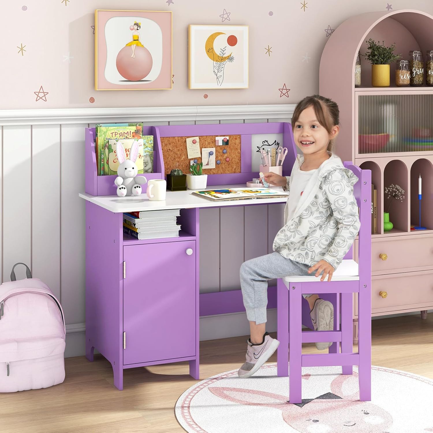 KOMFOTTEU Kinderschreibtisch mit Stuhl (Set), mit Regal & Offener Ablage, 74×29×29cm