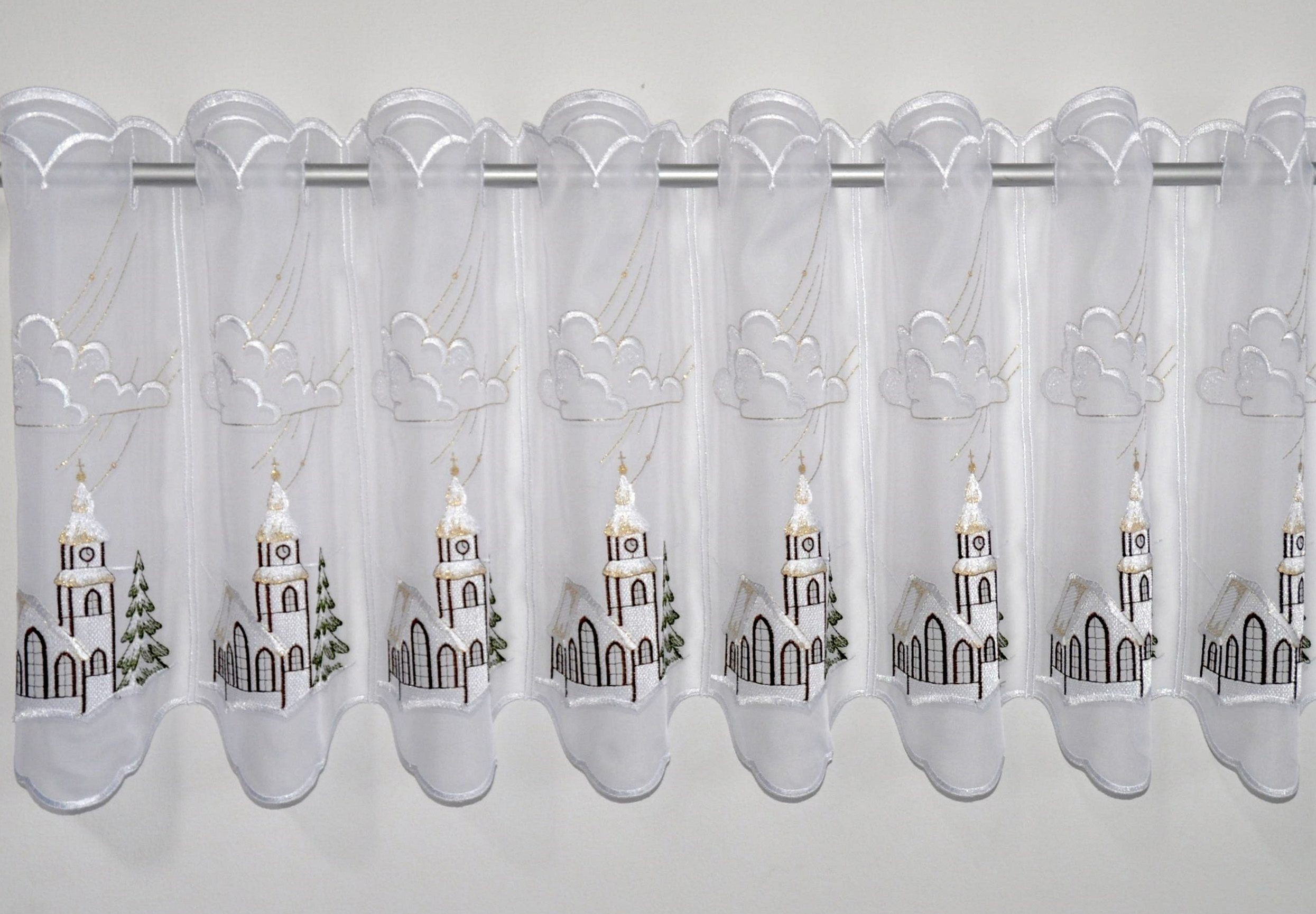 Stickereien Plauen Scheibengardine Kirche (1 St), Durchzuglöcher, transparent, Voile, veredelt mit echter Plauener Spitze Stickerei