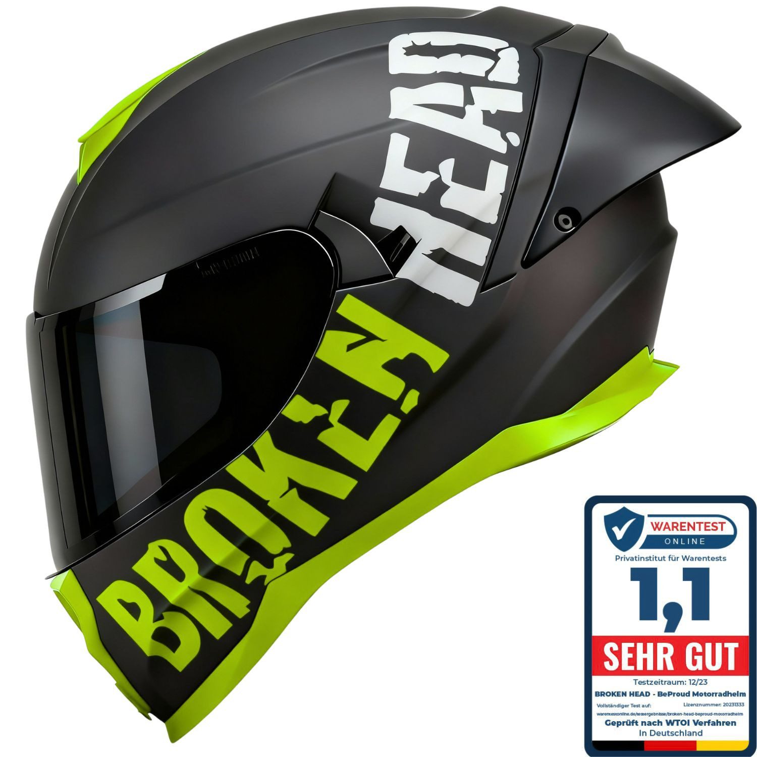Broken Head Motorradhelm BeProud Pro Sport Grün (mit Sonnenblende, zwei Visieren und Spoiler), mit Sonnenblende