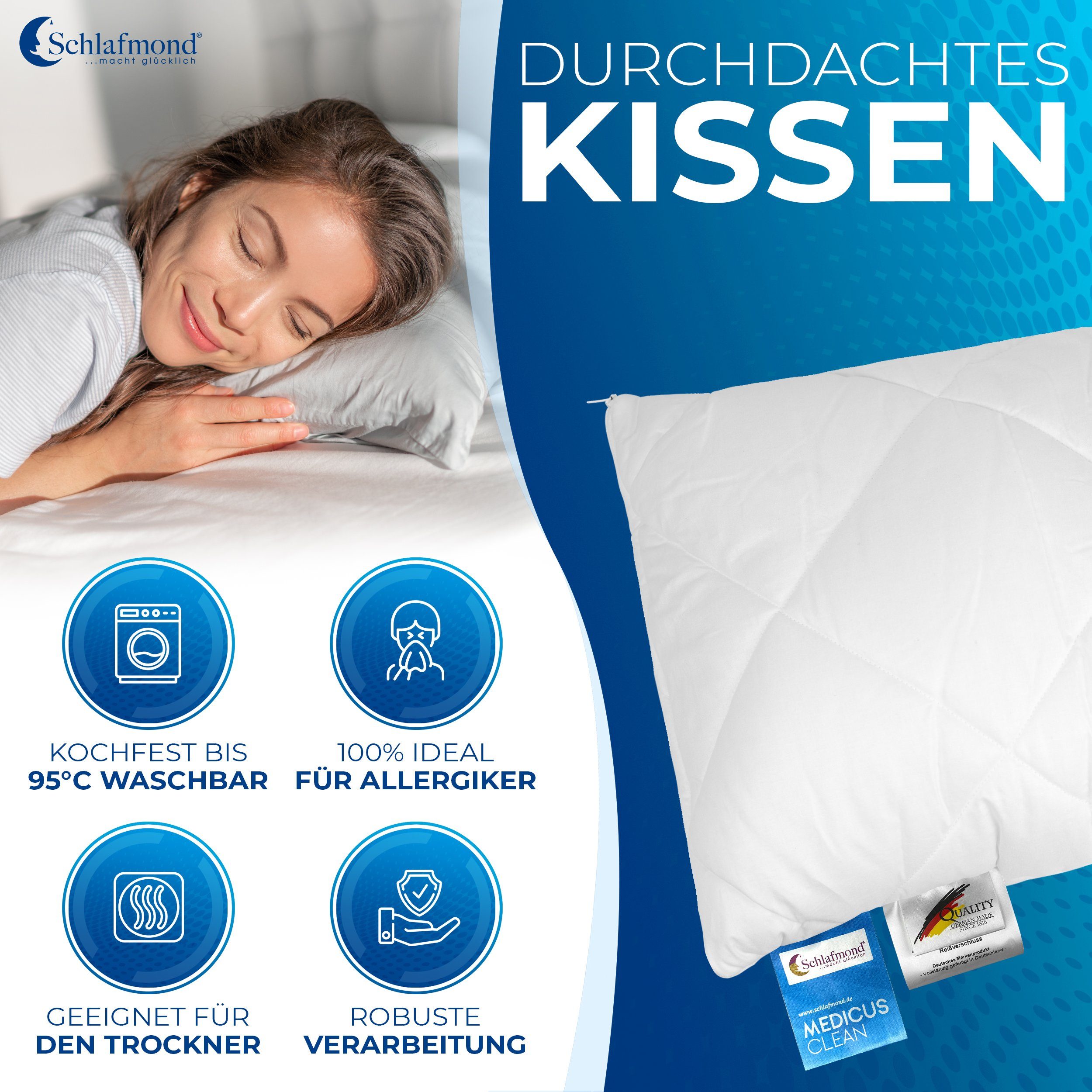 Schlafmond Kunstfaserkopfkissen Schlafmond Medicus Clean Allergiker Kopfkissen, Füllung: 100% Polyester, Bezug: 100% Baumwolle, Rückenschläfer, Bauchschläfer, S – Bild 4 von 5