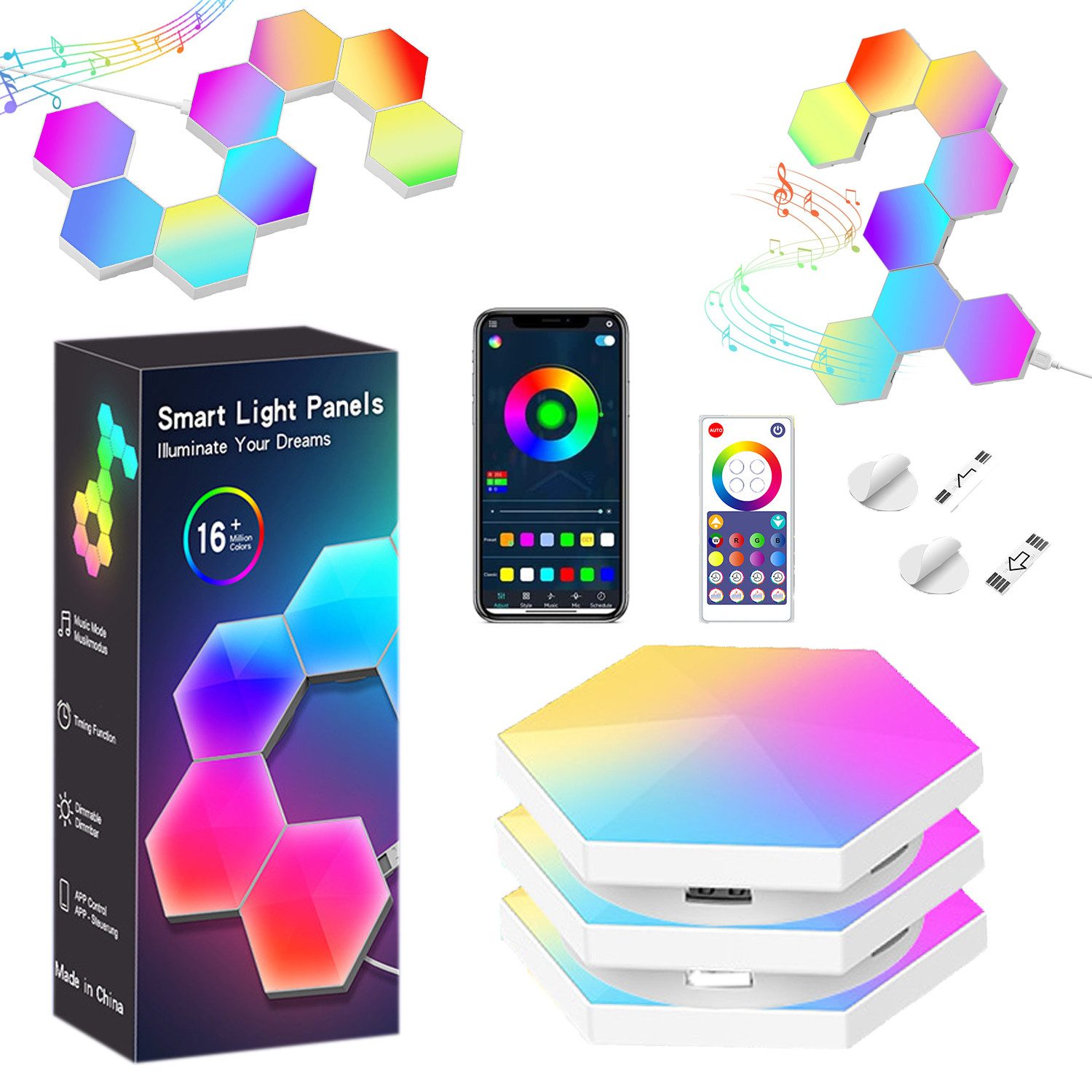 ZEUOPQ LED Dekolicht Smart RGBIC LED Hexagon Wandpaneele Perfekt für Gaming- und Innendekor, Farbwechsel- Bluetooth Lichtpaneele mit Musik-Synchronisation, LED fest integriert, Kompatibel mit Alexa und Google Assistant, bunt, (3 Stück in einer Schachtel)