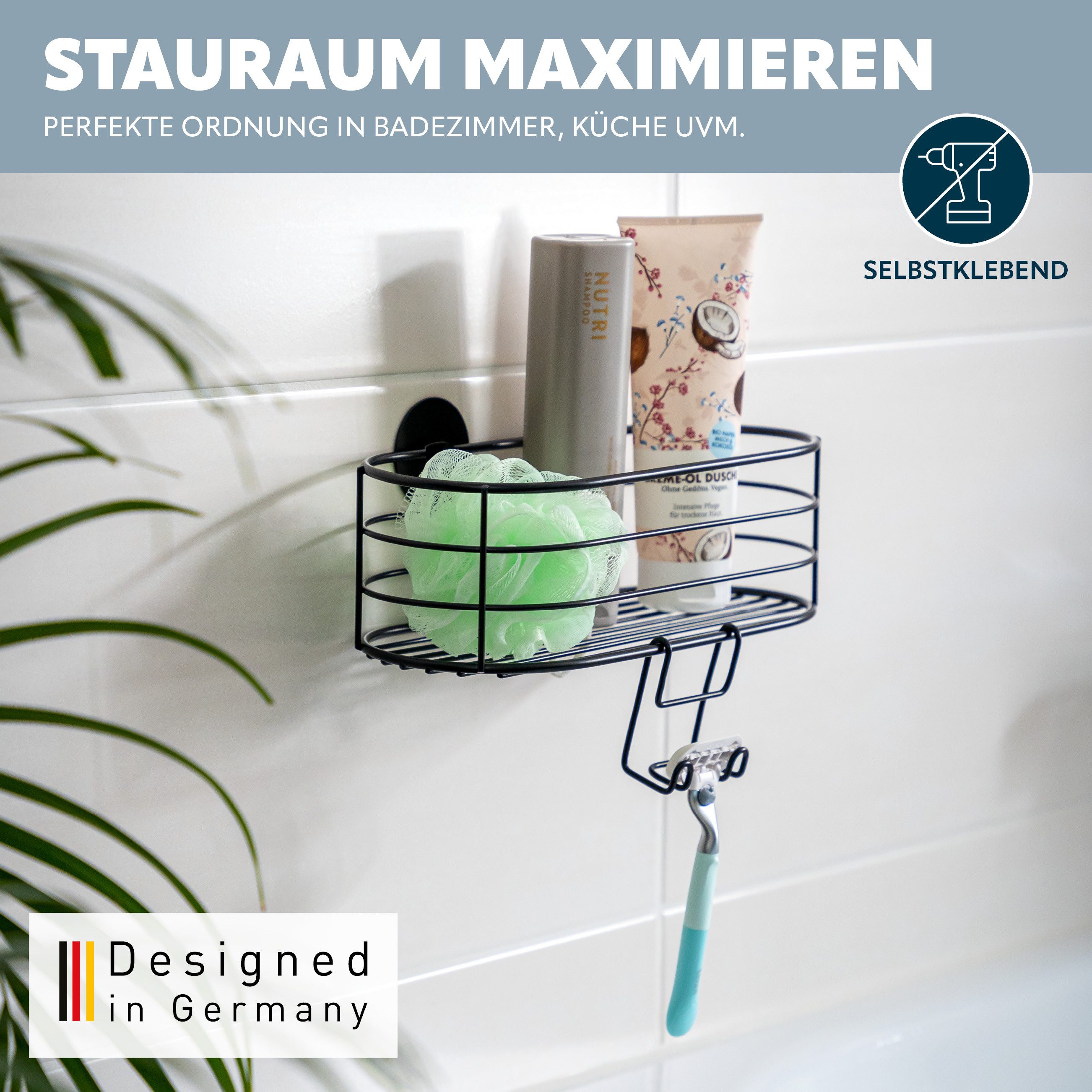 bremermann Duschablage Duschkorb mit Haken zur Wandmontage, schwarz, Kleben günstig online kaufen