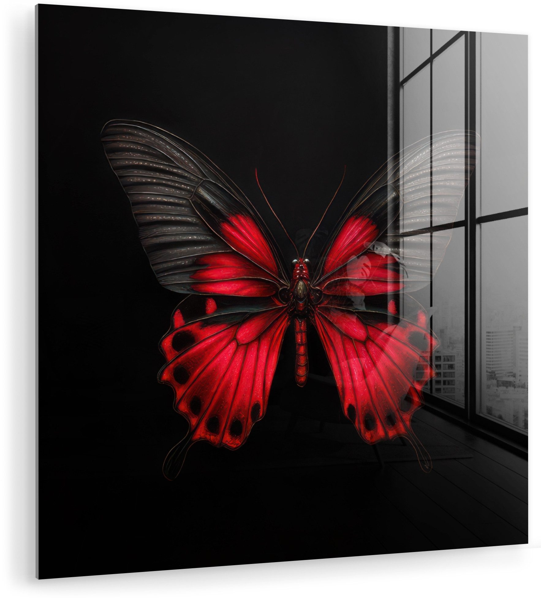 MuchoWow Acrylglasbild Schmetterling - Rot - Kontrast, Inkl. Aufhängung, Bilder auf Glas Wandbild, Wanddeko Wohnzimmer Badezimmer, 20x20 cm