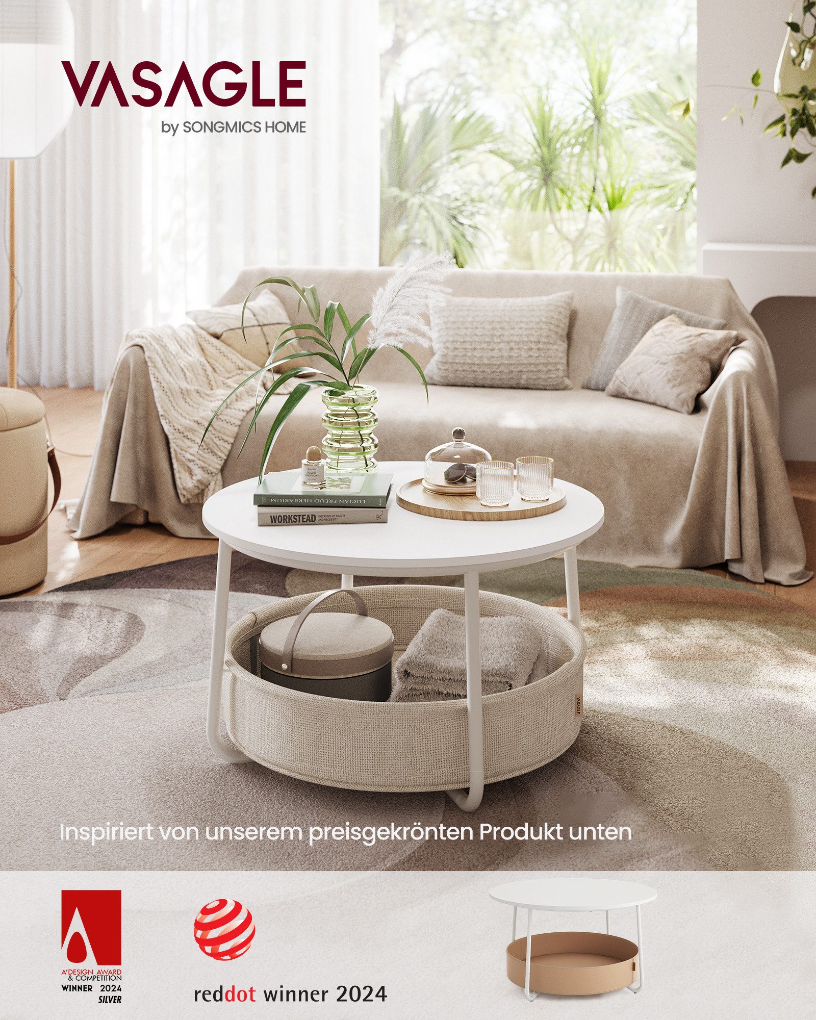 VASAGLE Couchtisch mit großem Stoffkorb, viel Stauraum, Sofatisch, Metallgestell (inkl. Zubehörpaket & Anleitung), Beistelltisch rund Wohnzimmertisch modern minimalistisch, ∅75 x 45 cm