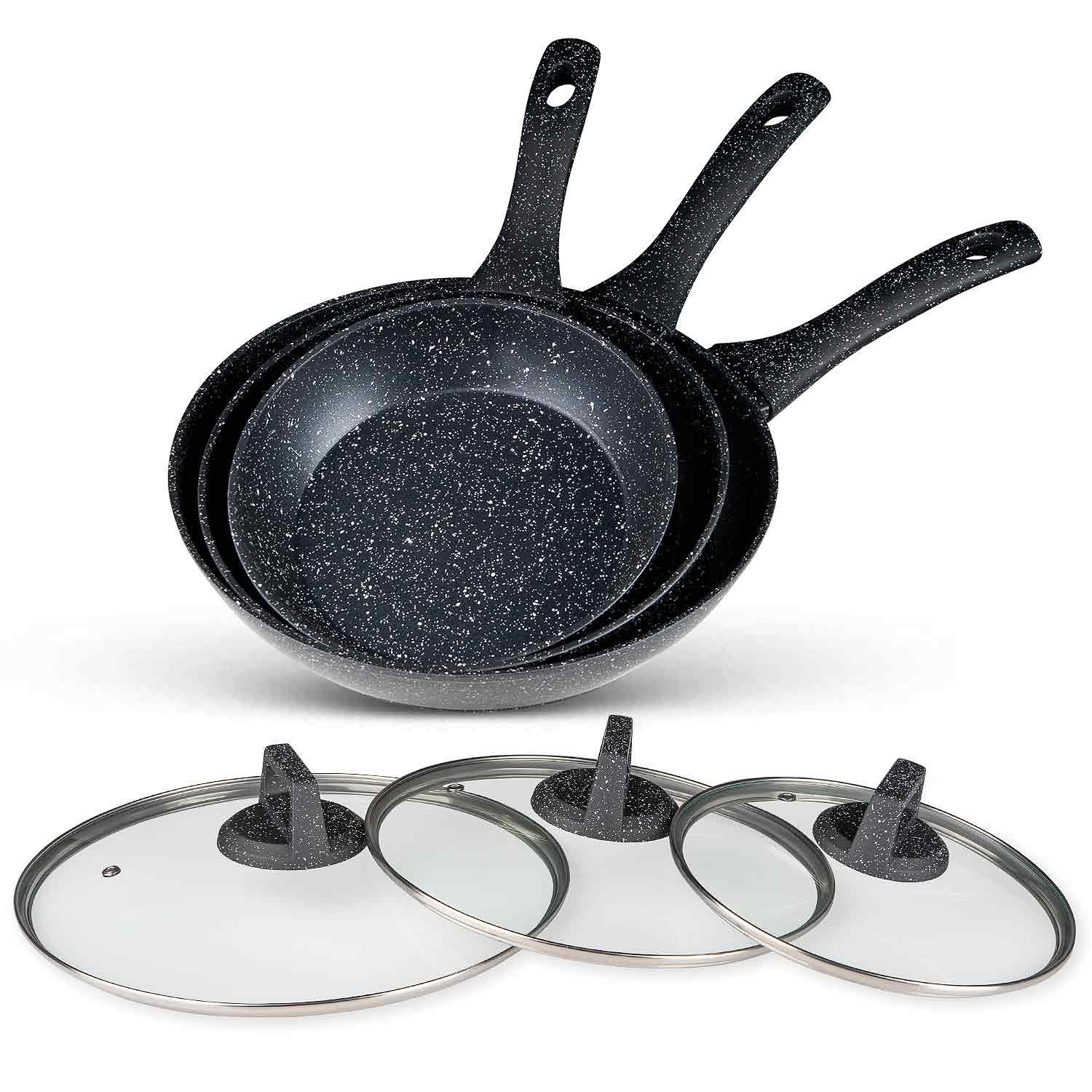 BEM Pfannen-Set Pfannen mit Glasdeckeln (20, 24, 28 cm), Aluminium und Antihaftbeschichtung (Set, 6-tlg., komfortable und hitzebeständige Griffe), für alle Herdarten geeignet