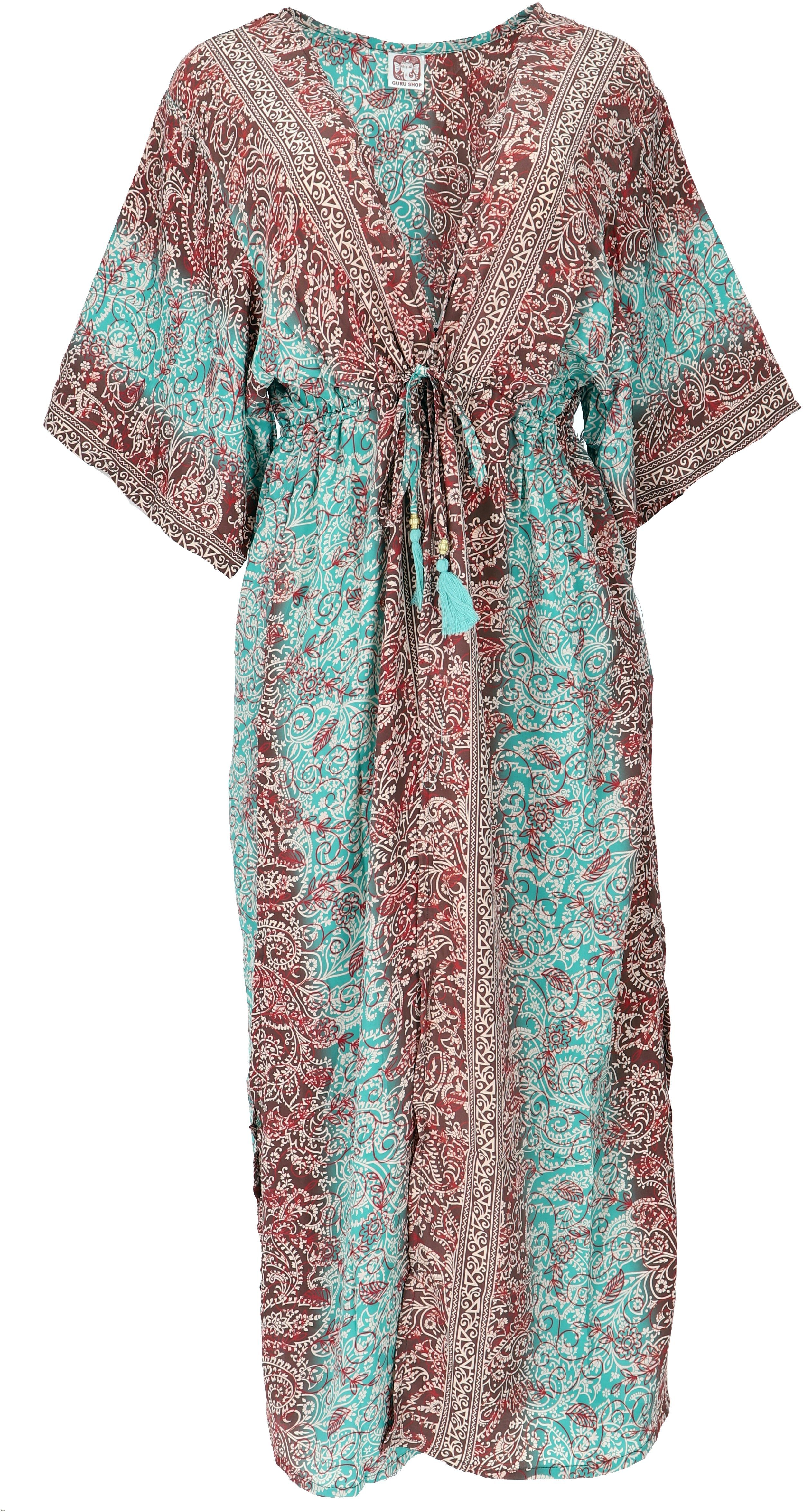 Guru-Shop Kimono Kimonokleid, seidig glänzender Boho Kimono,.., alternative Bekleidung aqua/braun