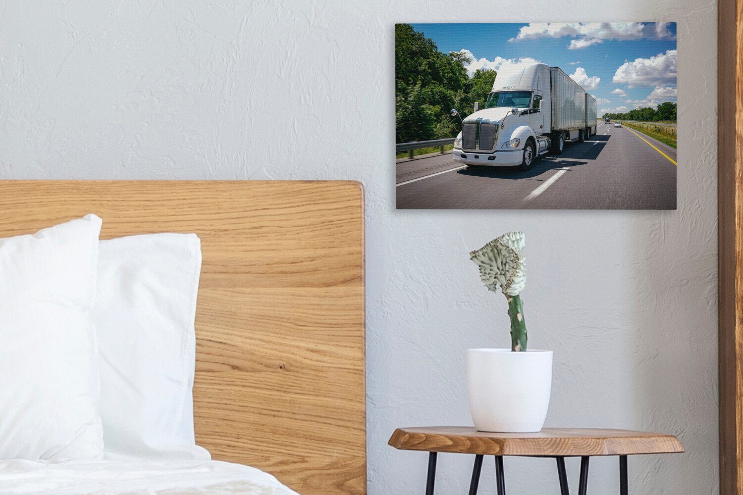 OneMillionCanvasses® Leinwandbild Weißer auf einer St), Autobahn, (1 Lastkraftwagen Wanddeko, 30x20 cm Aufhängefertig, Leinwandbilder, Wandbild
