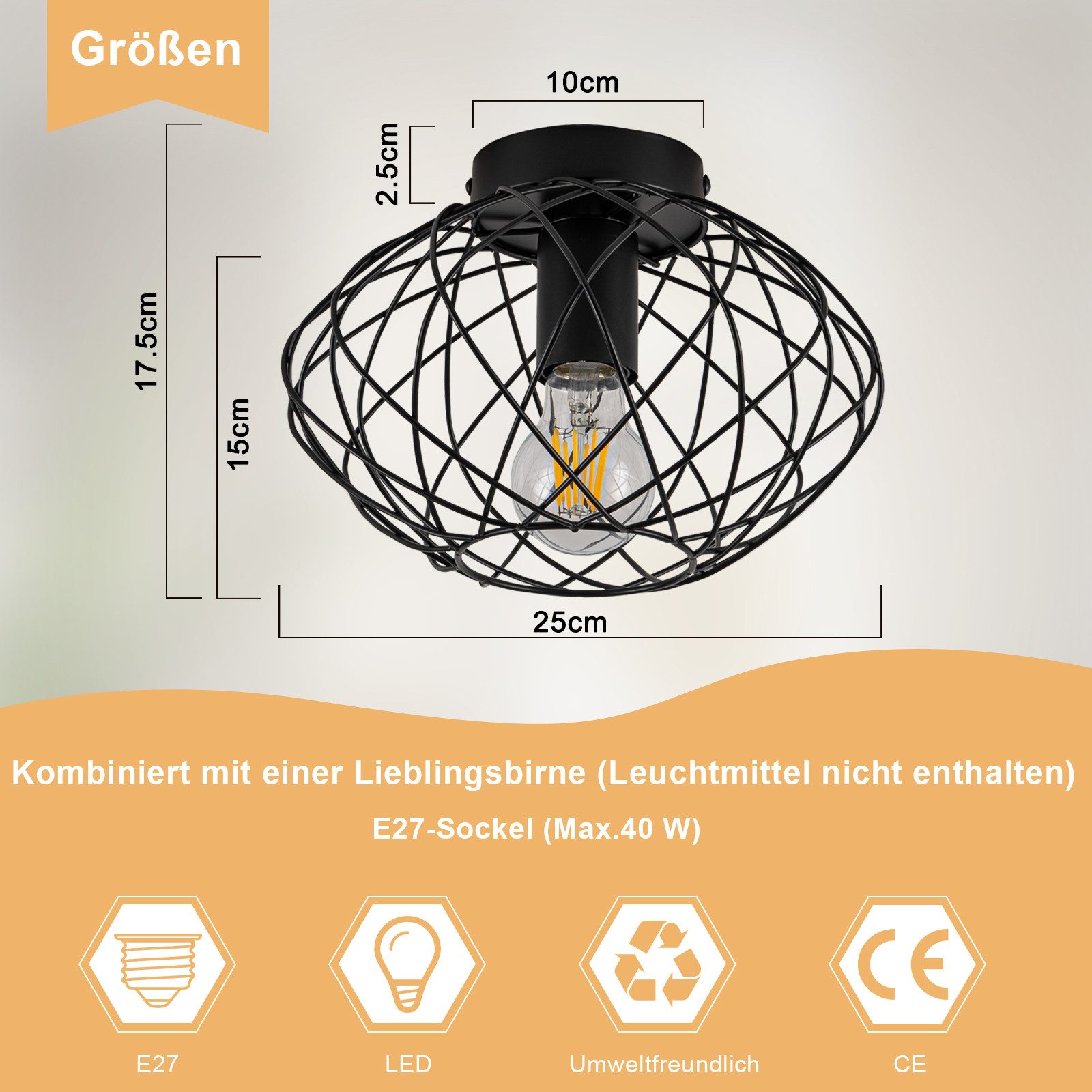 Nettlife Deckenleuchte Schwarz Vintage Kaefig Deckenstrahler E27 Lampenfassung Metall, LED wechselbar, Einzeln Esszimmerlampe für Wohnzimmer Küche Schlafzimmer  – Bild 4 von 5
