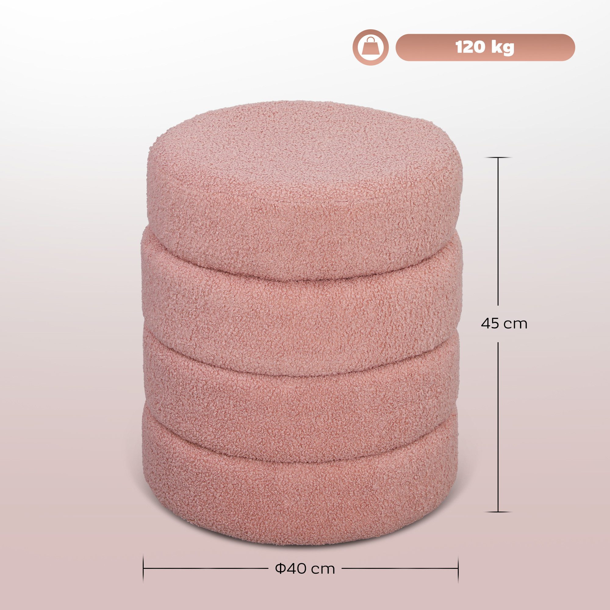 HOMCOM Fußhocker Sitzhocker mit Sitzkissen (Runder Polsterhocker, 1 St., Fußstütze), für Wohnzimmer, Schlafzimmer, Rosa, Ø40 x 45 cm