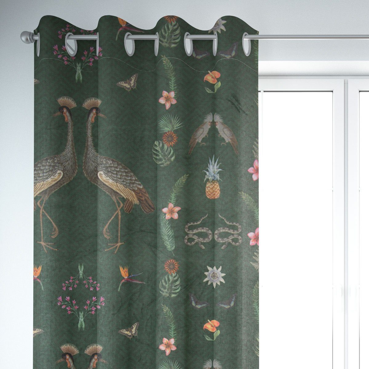 SCHÖNER LEBEN. Vorhang SCHÖNER LEBEN. Vorhang Samt Tropical Vögel Blumen grün bunt 245cm, Ösen, blickdicht, Samt, handmade