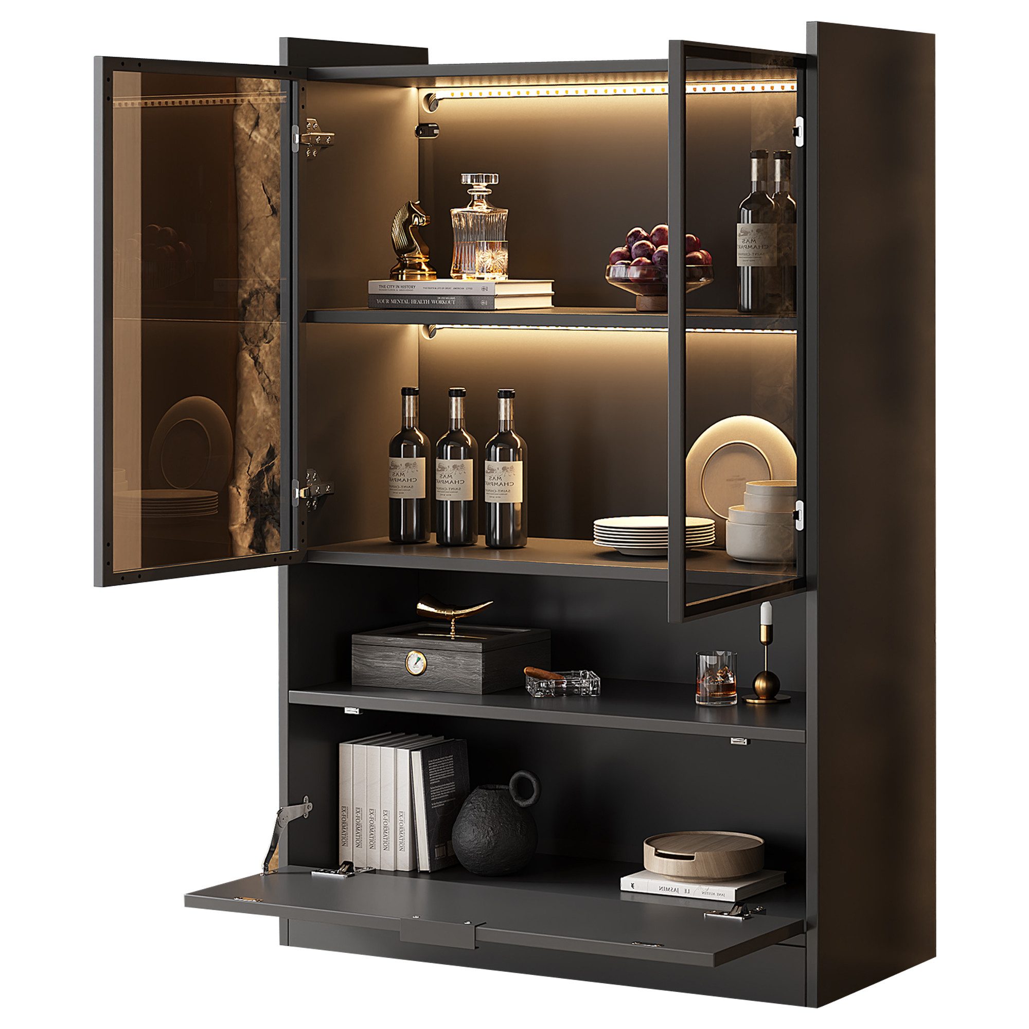 Merax Standvitrine Matt Glasvitrine mit LED-Beleuchtung und Stauraum (1-St., Standregal Schrank Vitrine) Wohnzimmerschrank mit Glastüren und Klapptür, H:120cm