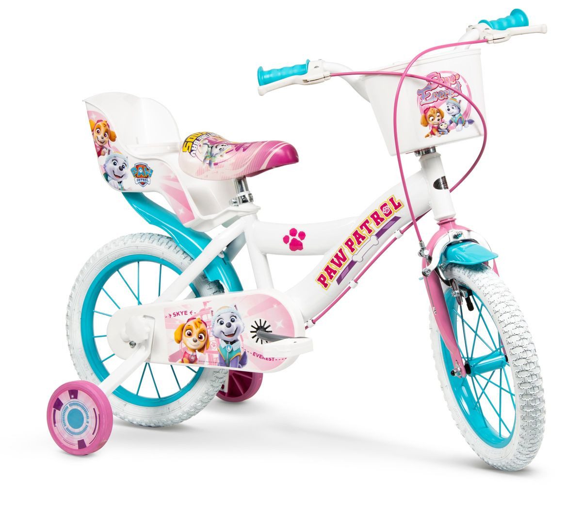 Toimsa Bikes Kinderfahrrad 14 Zoll Kinder Mädchen Fahrrad Mädchenfahrrad Rad Bike Paw Patrol Weiß, 1 Gang, Puppensitz, Korb, Stützräder