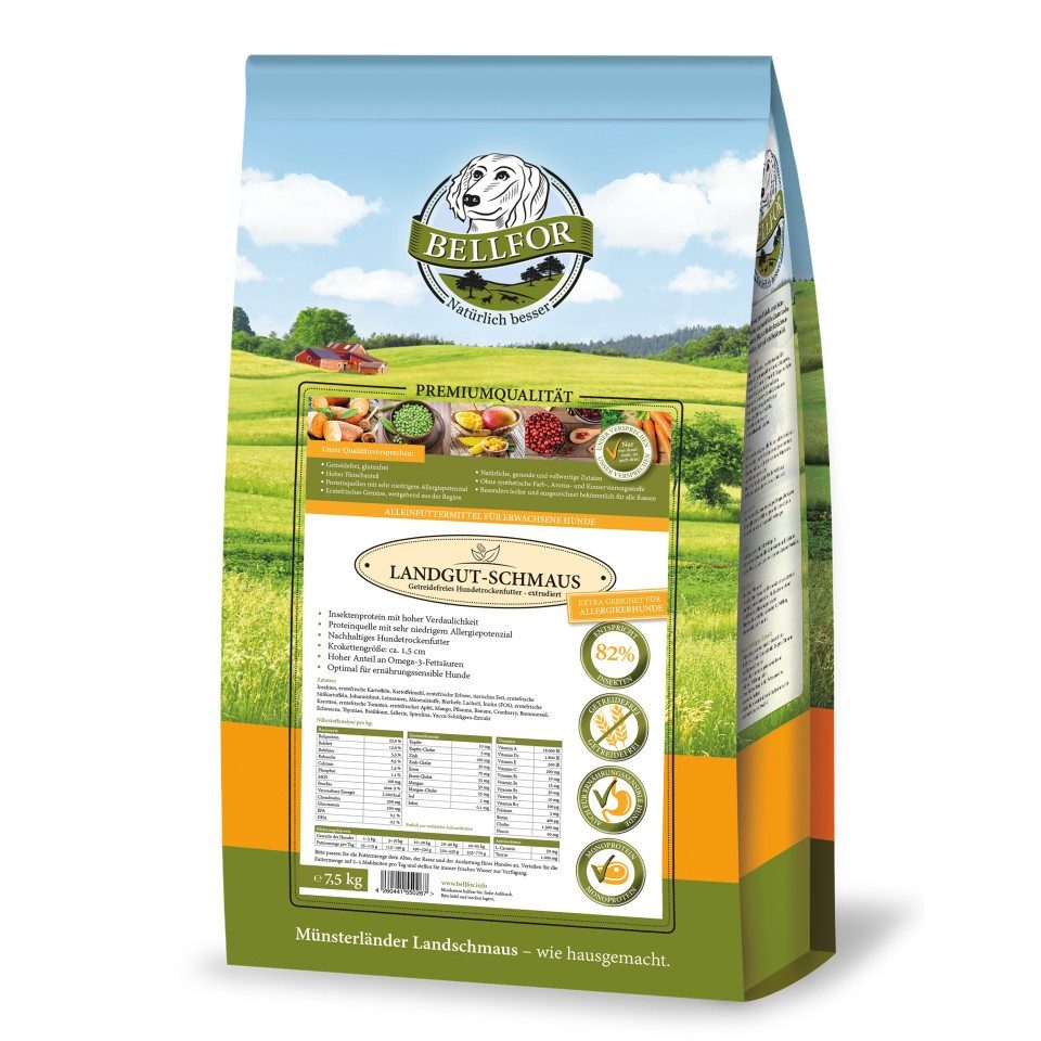 Bellfor Hundefutter trocken mit Insekten Landgut-Schmaus - 7,5 kg, Trockenfutter für: Hunde, getreidefrei, hypoallergen, zuckerfrei, glutenfrei