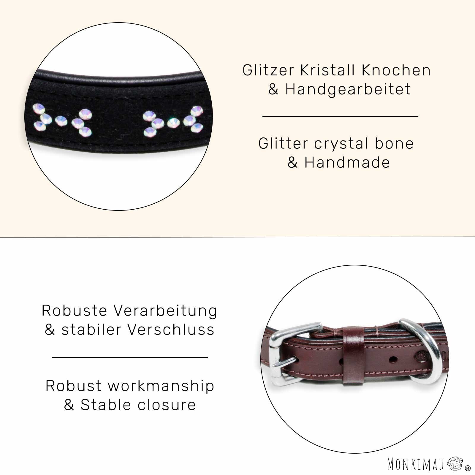 Monkimau Hunde-Halsband Hundehalsband Leder Halsband Hund braun schwarz mit Knochen Kristallen, Leder
