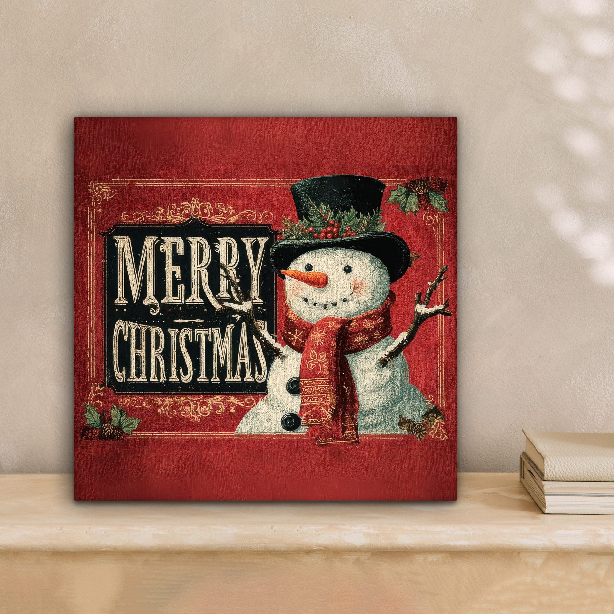 OneMillionCanvasses® Leinwandbild Klassisch - Weihnachtsgruß - Schneemann - Rot, Fotodruck (1 St), Wandbild, Deko Schlafzimmer Wohnzimmer Flur 20x20 cm
