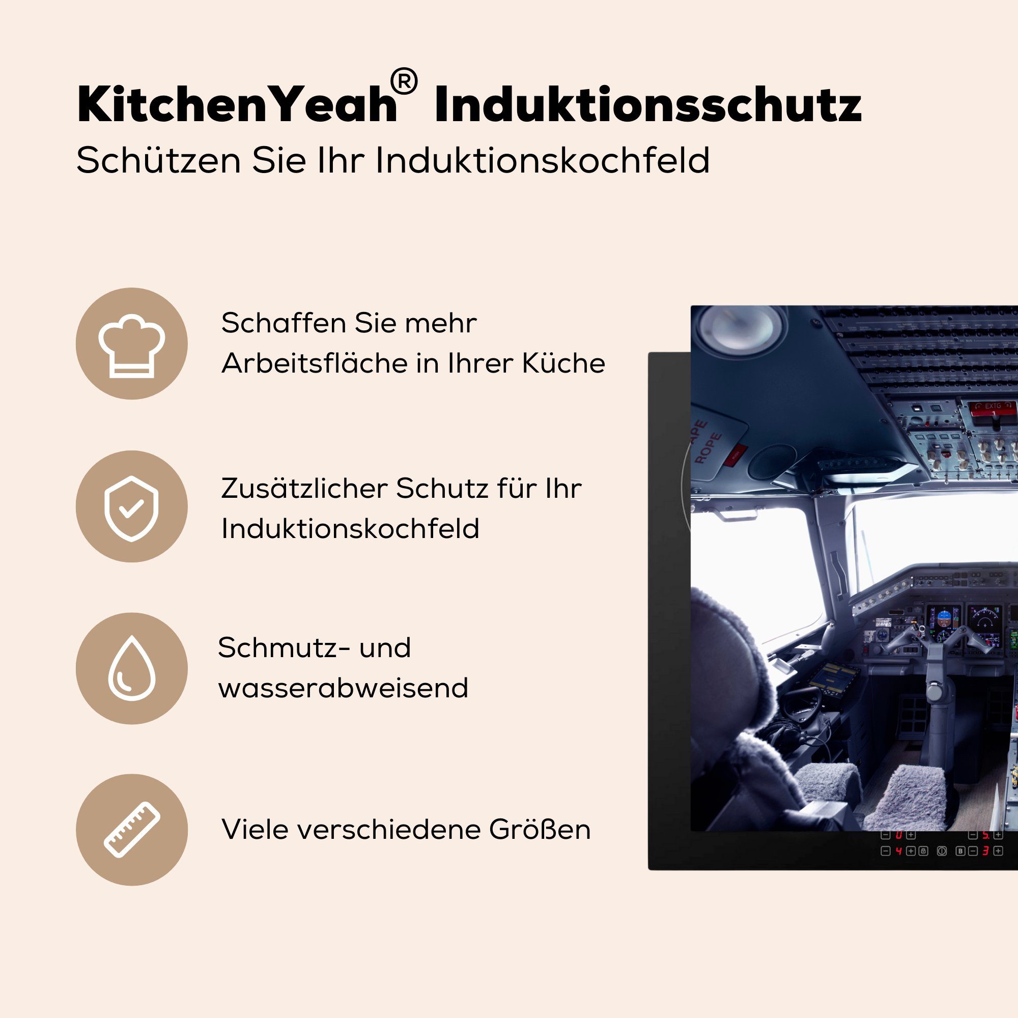 70x52 Arbeitsfläche Verkehrsflugzeugs, (1 Mobile Das eines cm, Vinyl, tlg), Herdblende-/Abdeckplatte MuchoWow nutzbar, Cockpit Ceranfeldabdeckung