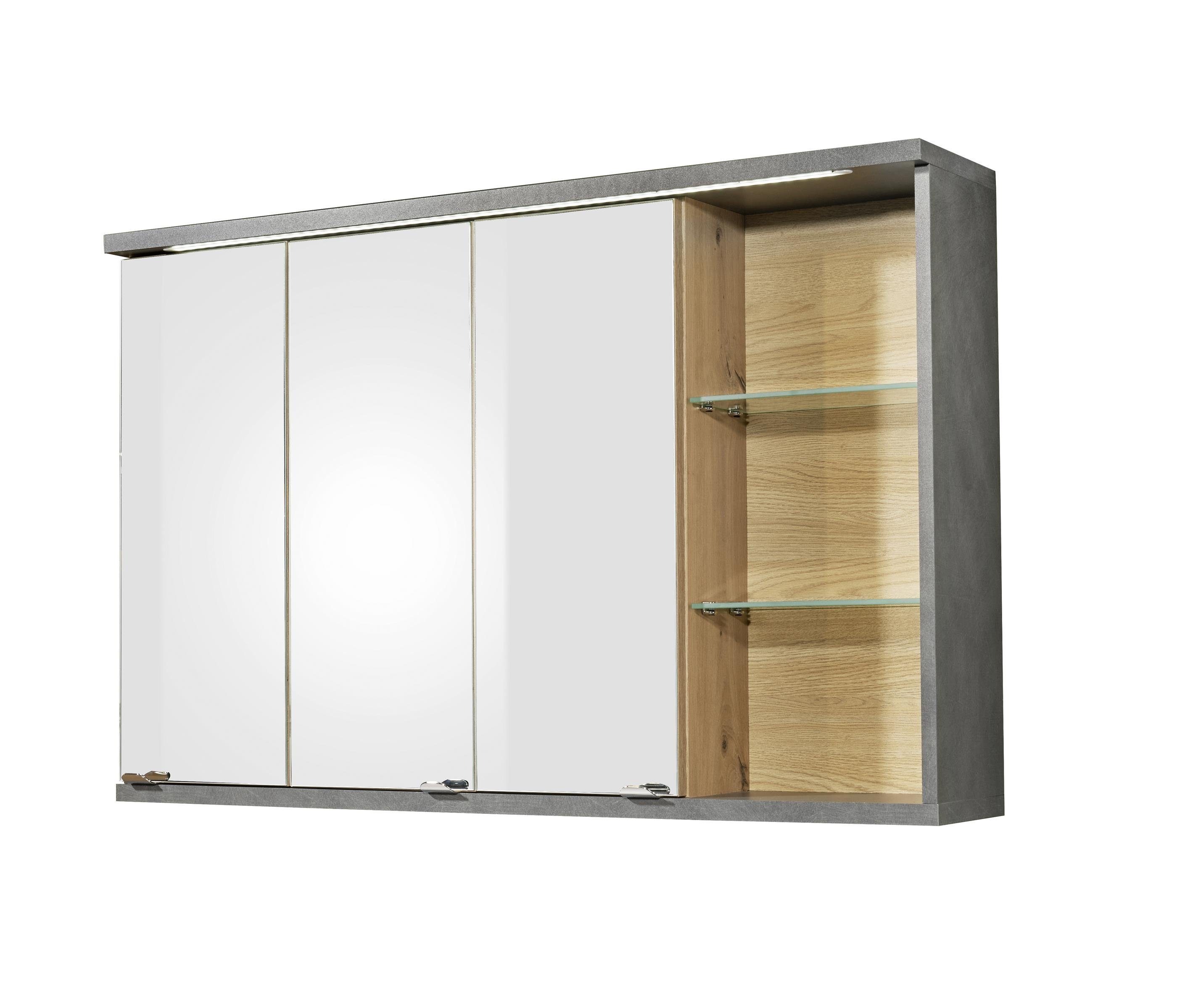 Moderner 3 cm, Spiegelschrank und Spiegelschrank Spanplatte Matera Eiche / 6 cm 21 inkl. Spiegelglas mit Holzeinlegeböden 110 Glaseinlegeböden, Nachbildung Breite Spiegeltüren, Beton aus möbelando cm, Nachbildung LED-Beleuchtung. und 2 70 in Tiefe Artisan Nebraska Höhe