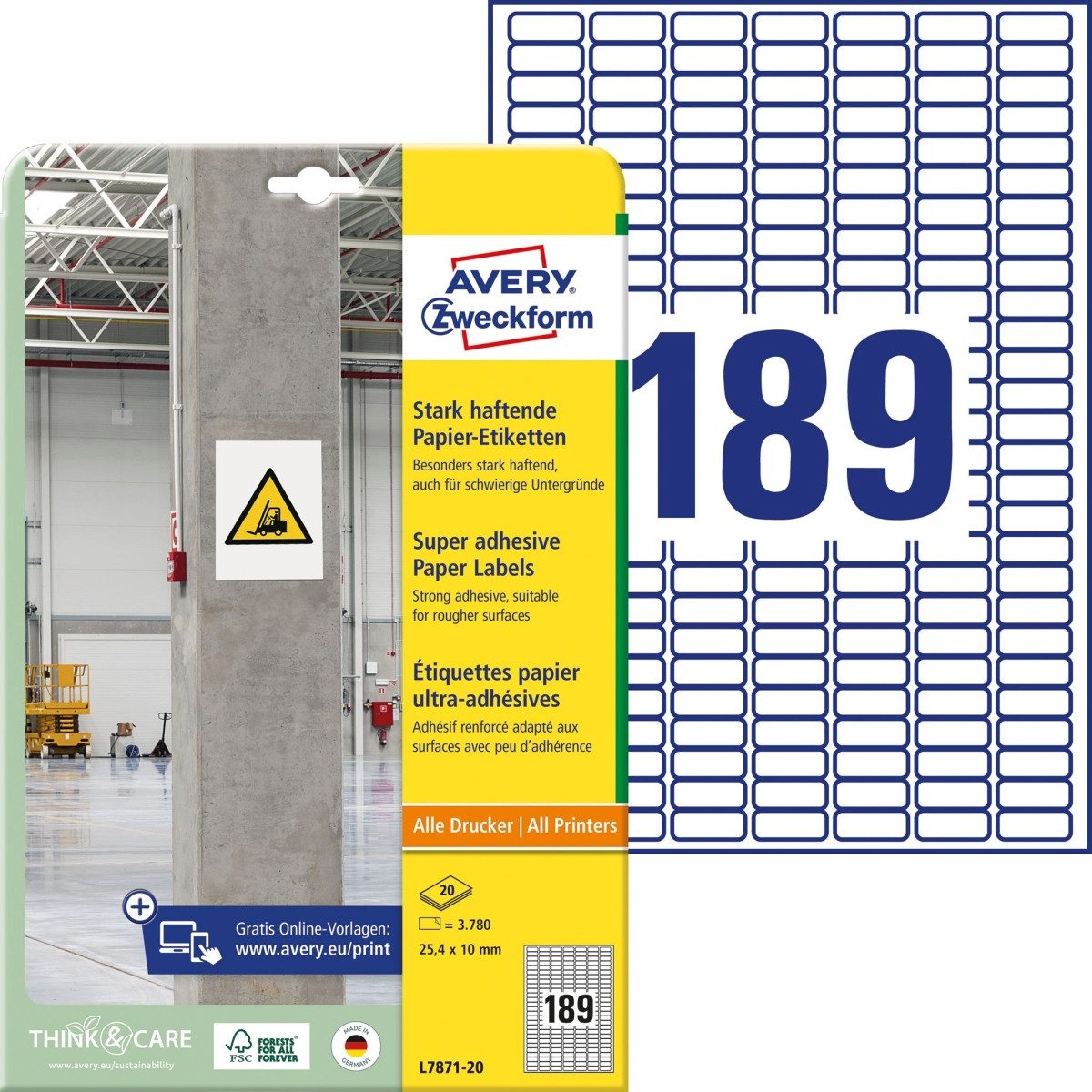 Avery Zweckform Etiketten Papier-Etiketten stark haftend 25,4x10mm VE=20 Bogen/3.780 Etiketten w