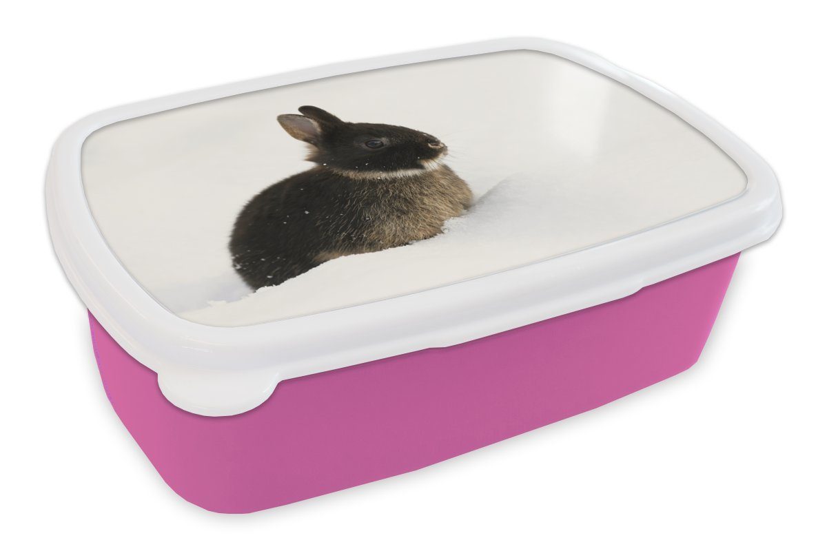 Kunststoff Brotbox MuchoWow rosa Mädchen, Kinder, Kunststoff, Snackbox, (2-tlg), Erwachsene, - Winter, - Kaninchen Lunchbox für Schnee Brotdose