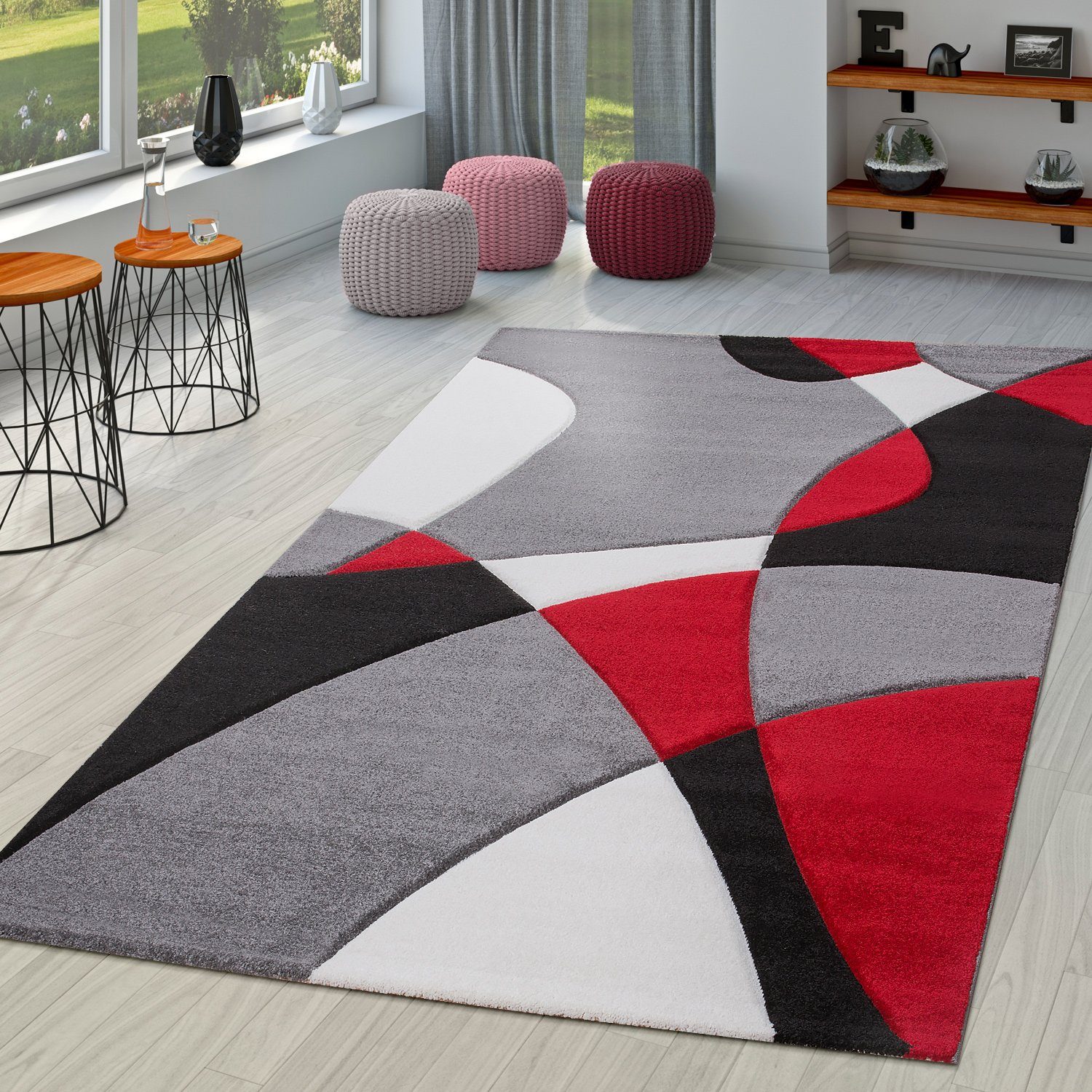 Teppich Wohnzimmer Teppich mm Höhe: 3D Kurzflor 3 Home, 16 Moderner TT Rot Optik, rechteckig