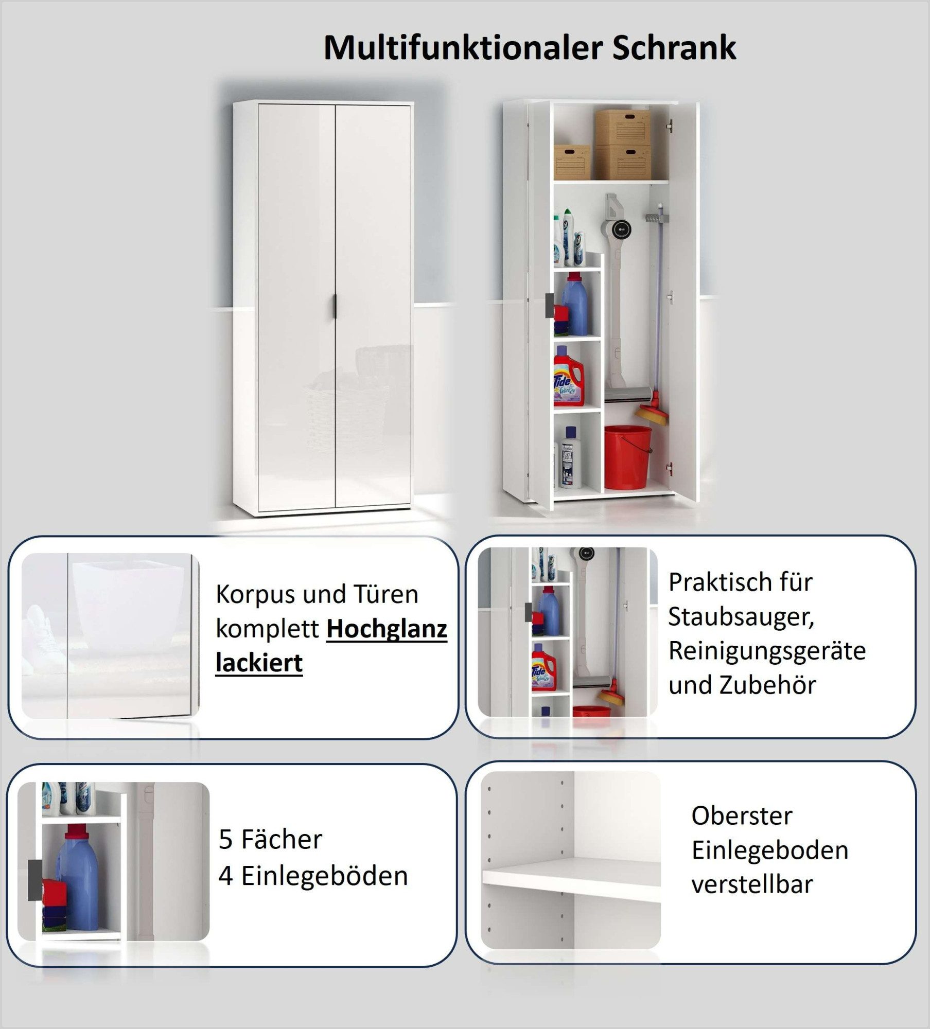 Home affaire Mehrzweckschrank JOLLY, Stauraumschrank, Breite 72,5 cm, Höhe 178 cm (1-St) 2-türiger Schrank, 3 kleine + 1 großer Boden, hochglanz lackiert – Bild 4 von 5